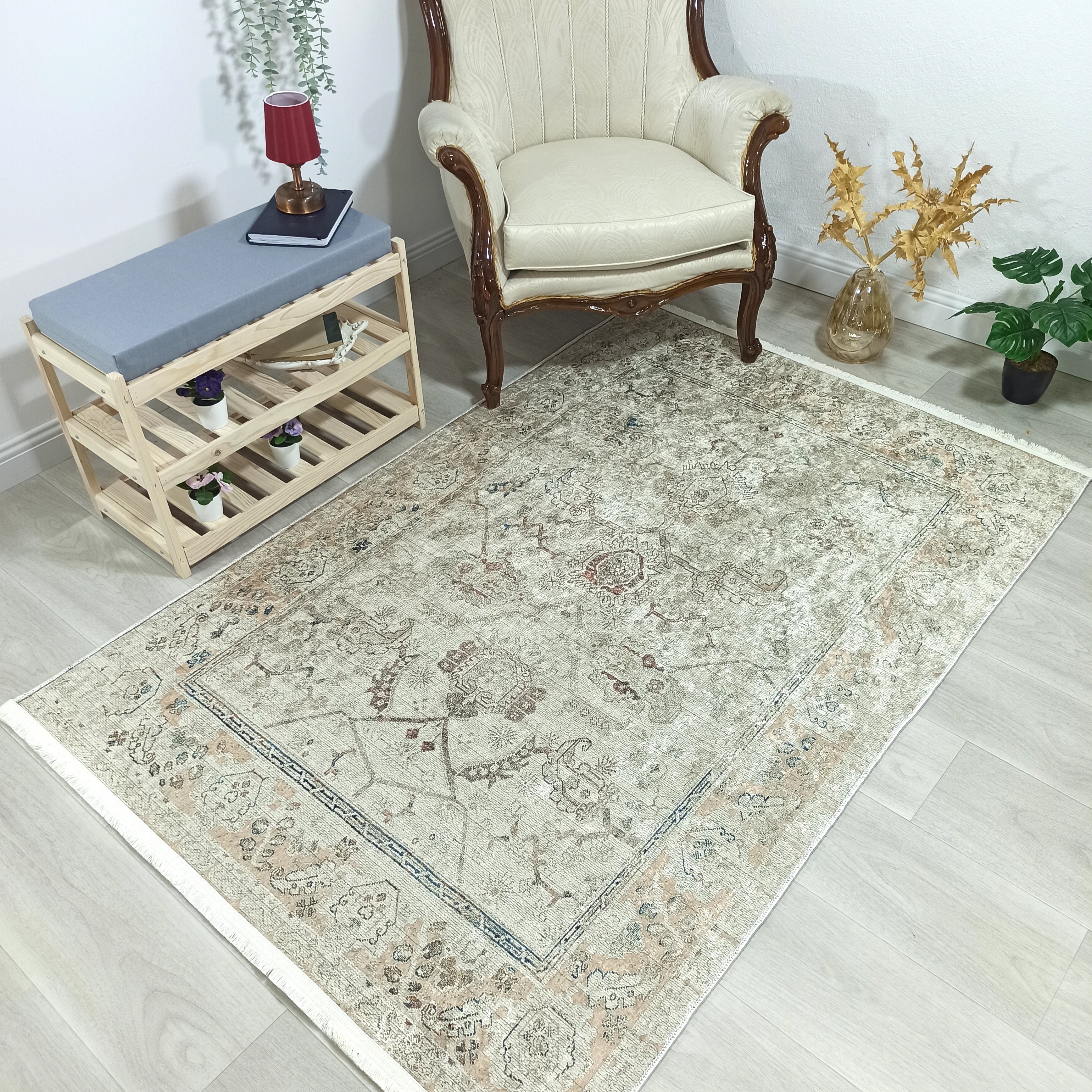 Turkish Oushak Neutral Faded Beige Vintage Design Rug