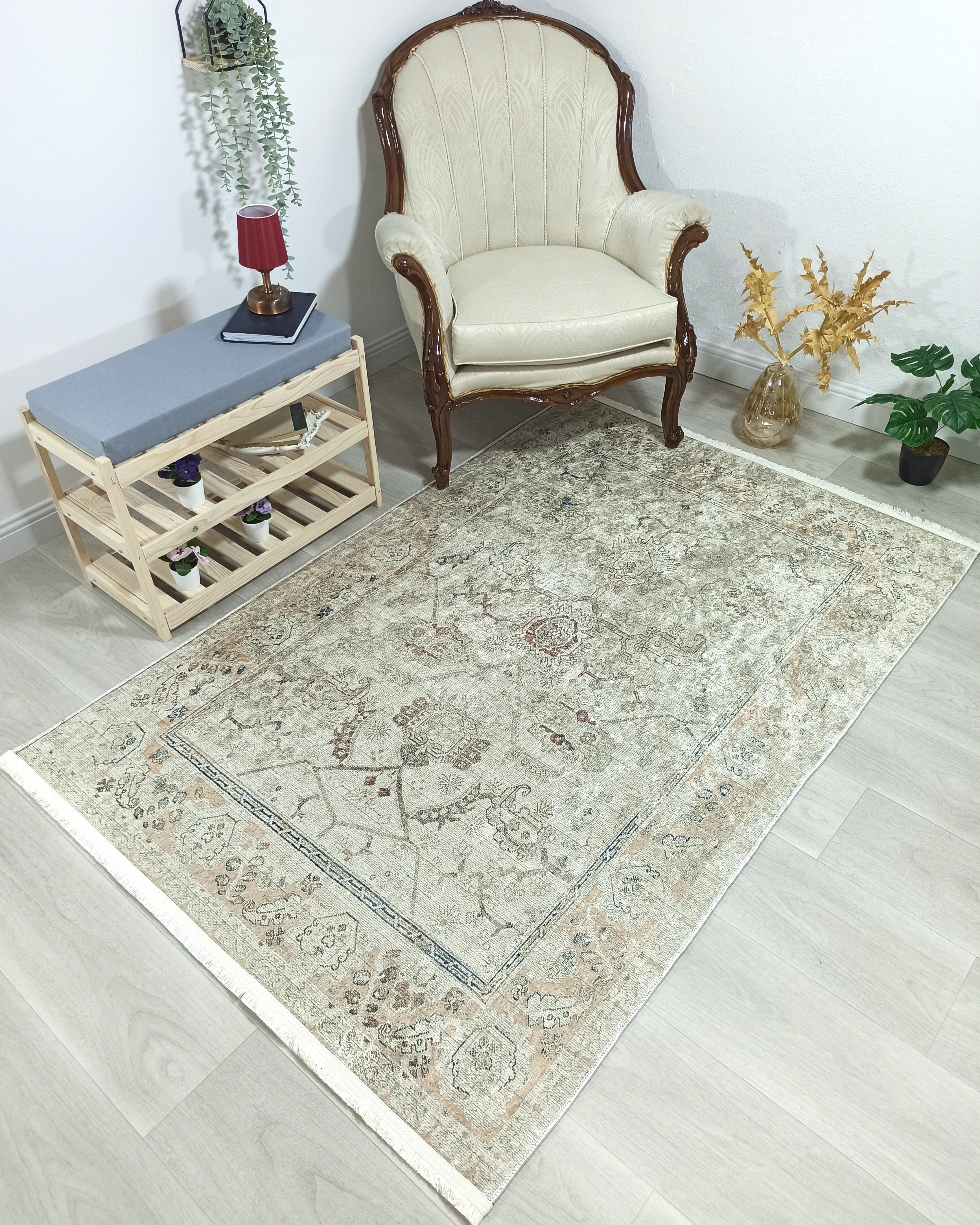 Turkish Oushak Neutral Faded Beige Vintage Design Rug