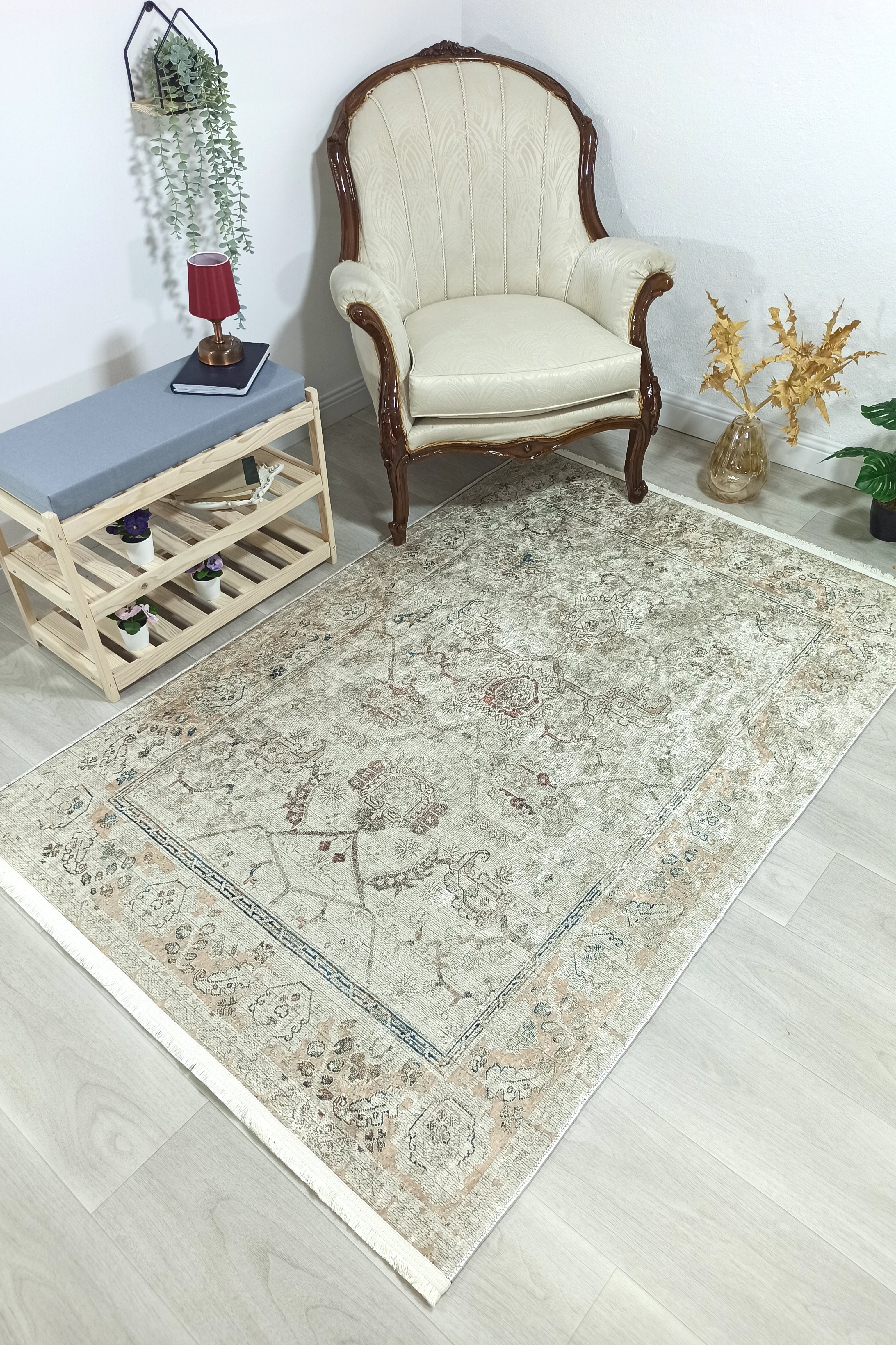 Turkish Oushak Neutral Faded Beige Vintage Design Rug