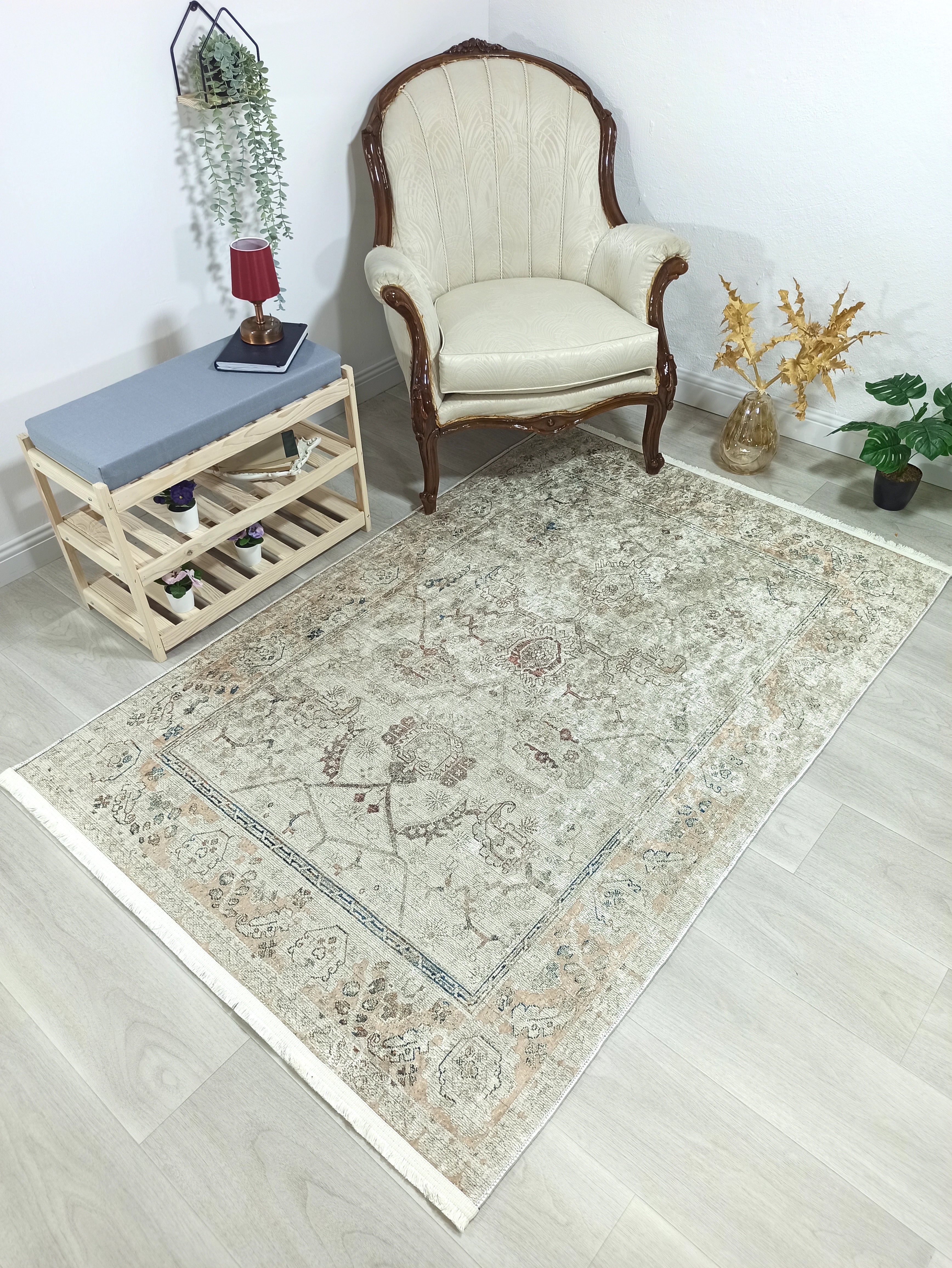 Turkish Oushak Neutral Faded Beige Vintage Design Rug