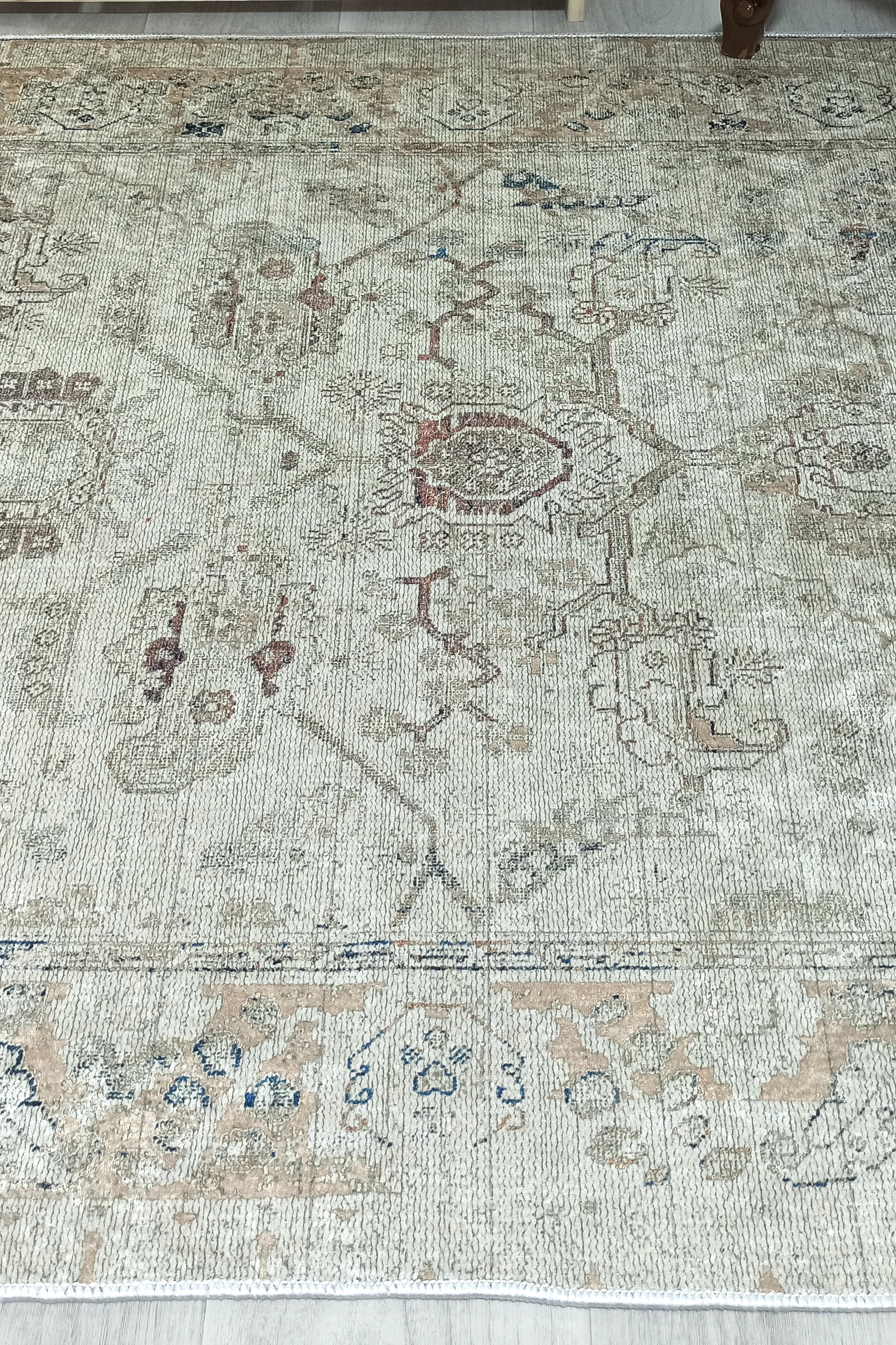 Turkish Oushak Neutral Faded Beige Vintage Design Rug