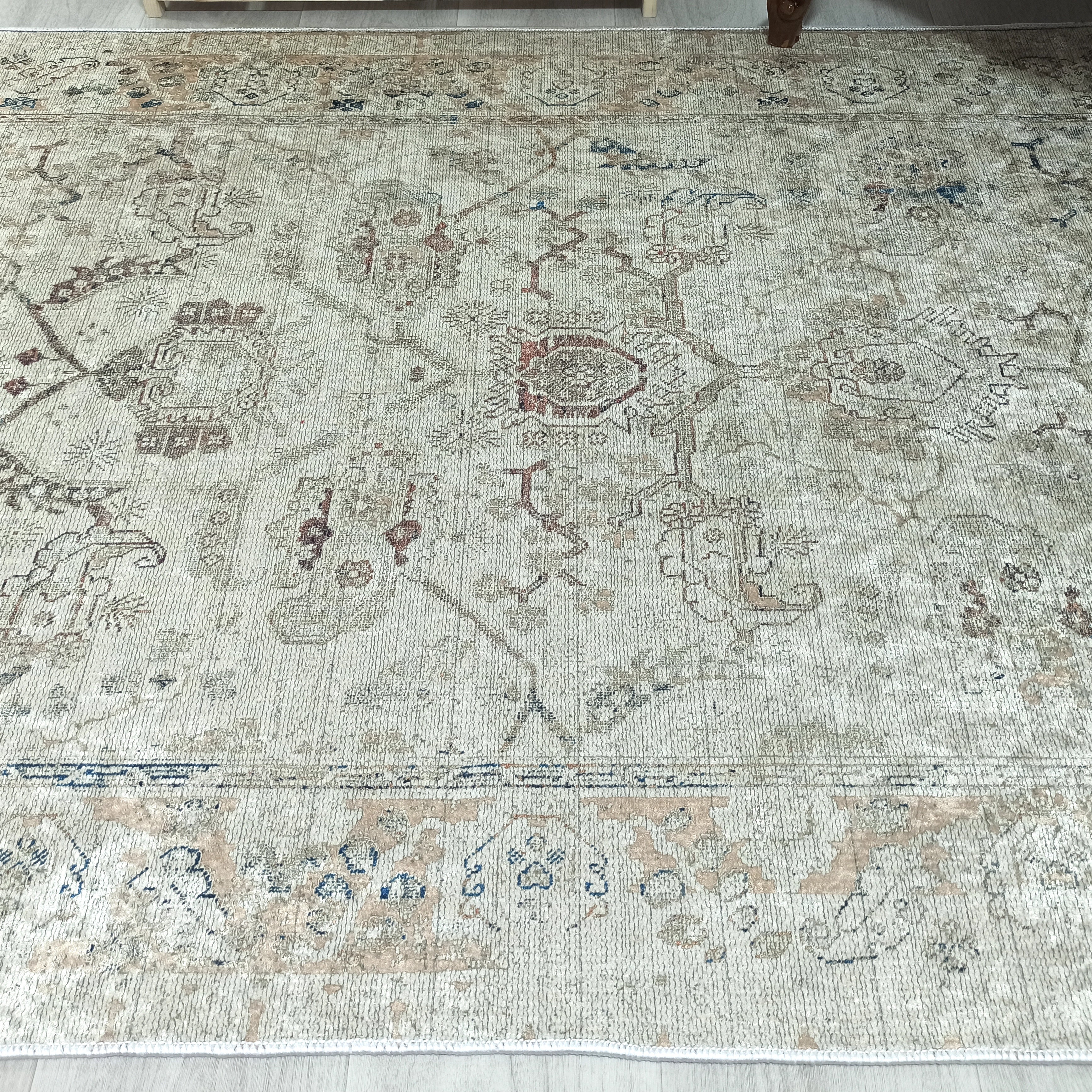 Turkish Oushak Neutral Faded Beige Vintage Design Rug