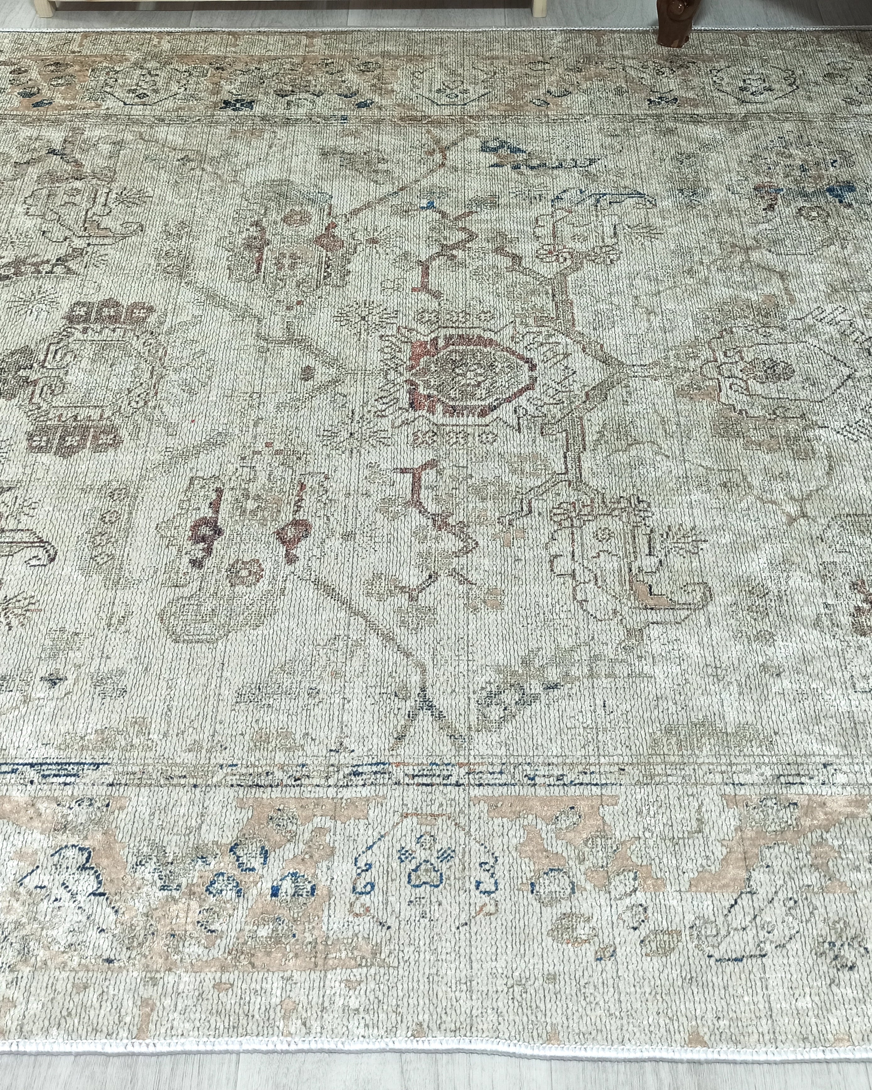 Turkish Oushak Neutral Faded Beige Vintage Design Rug