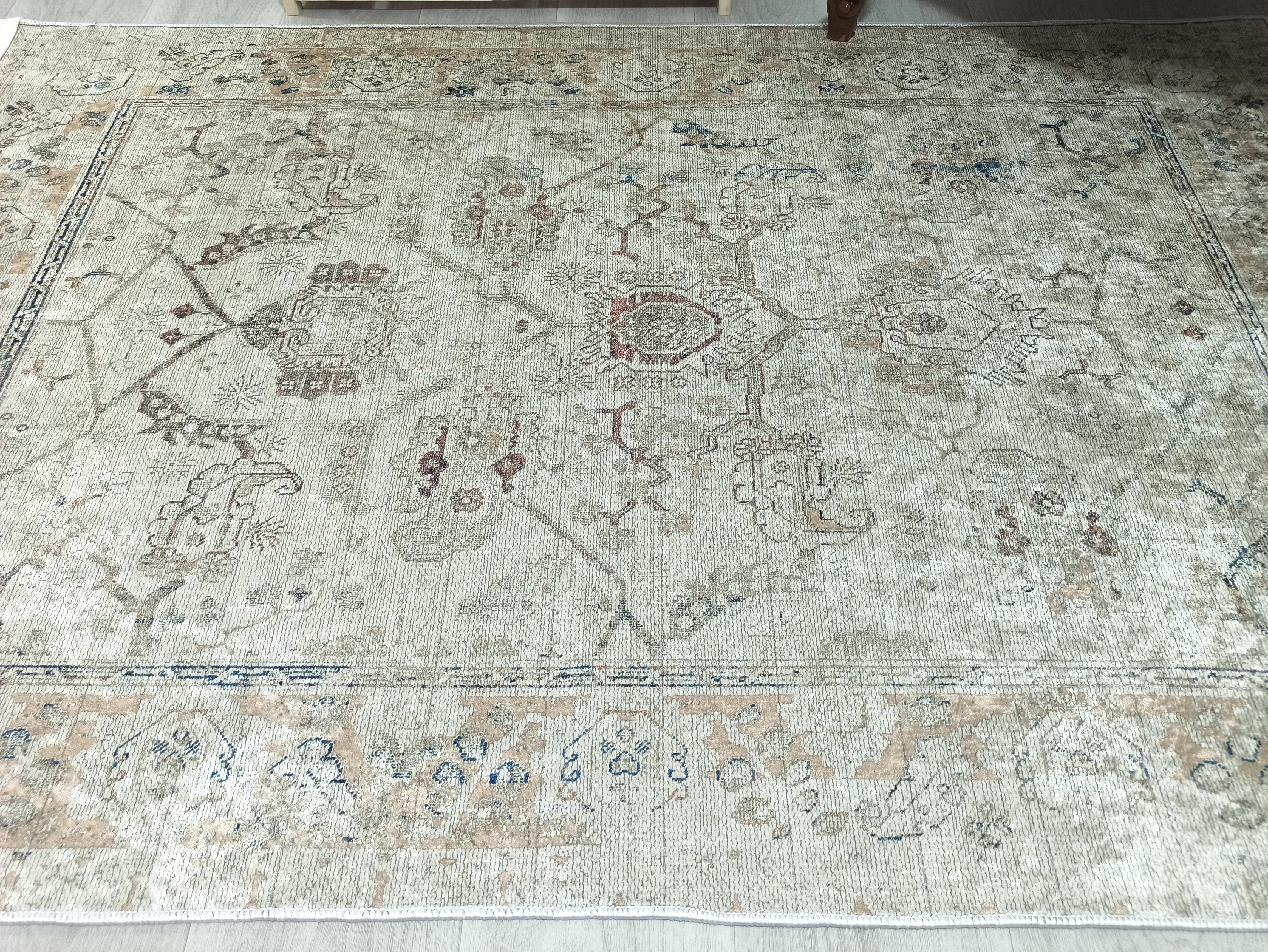 Turkish Oushak Neutral Faded Beige Vintage Design Rug