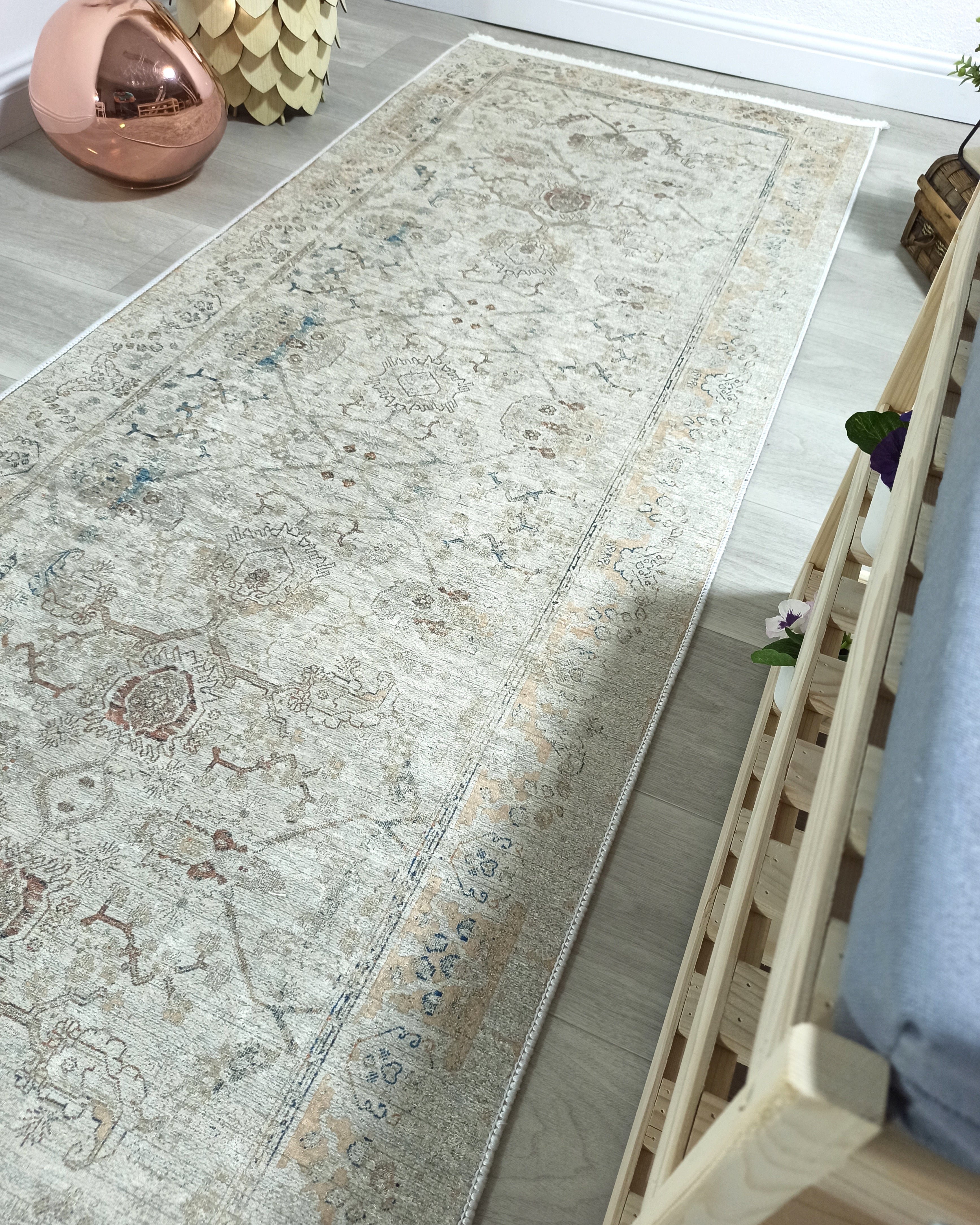 Turkish Oushak Neutral Faded Beige Vintage Design Rug