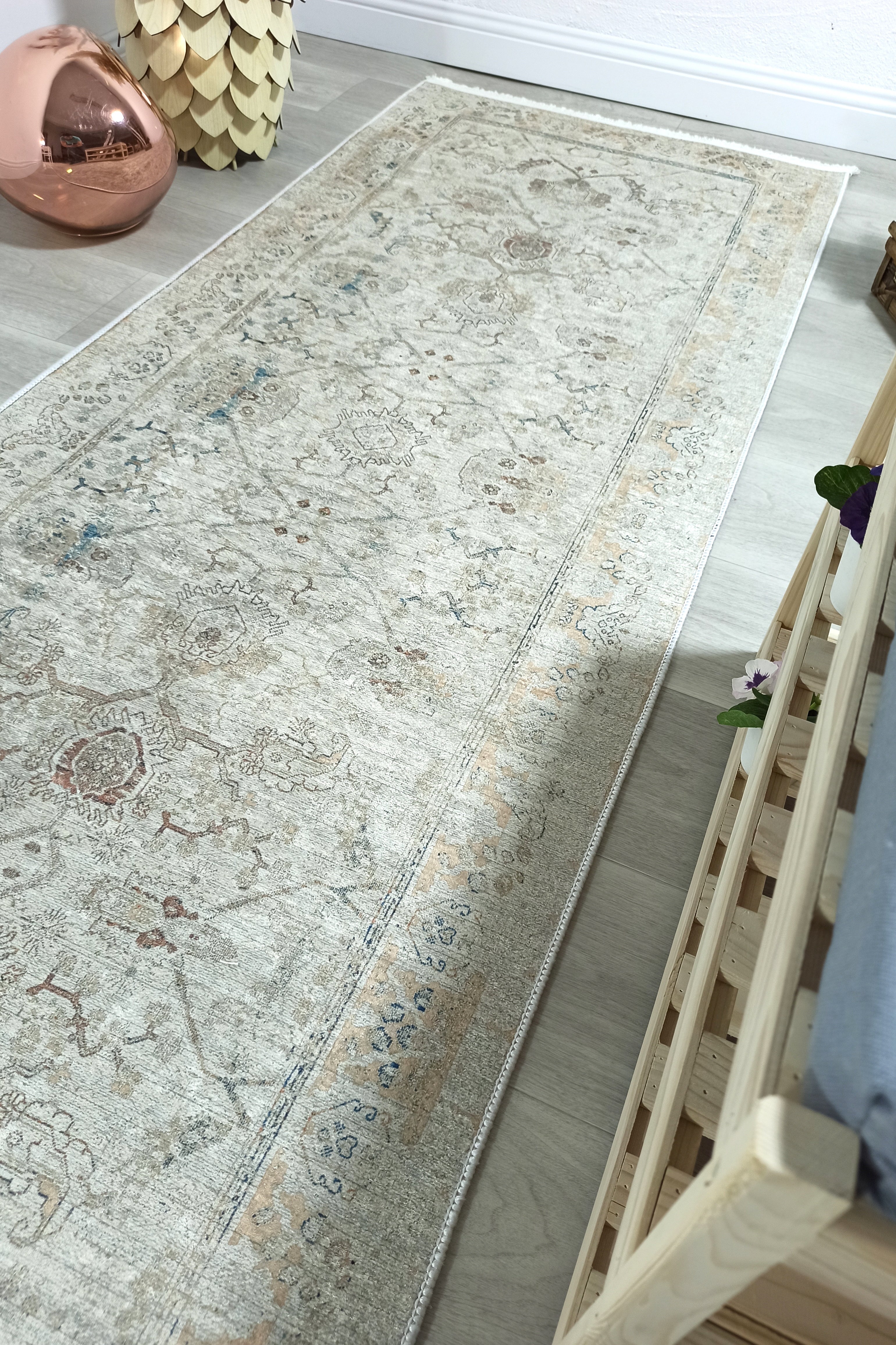 Turkish Oushak Neutral Faded Beige Vintage Design Rug