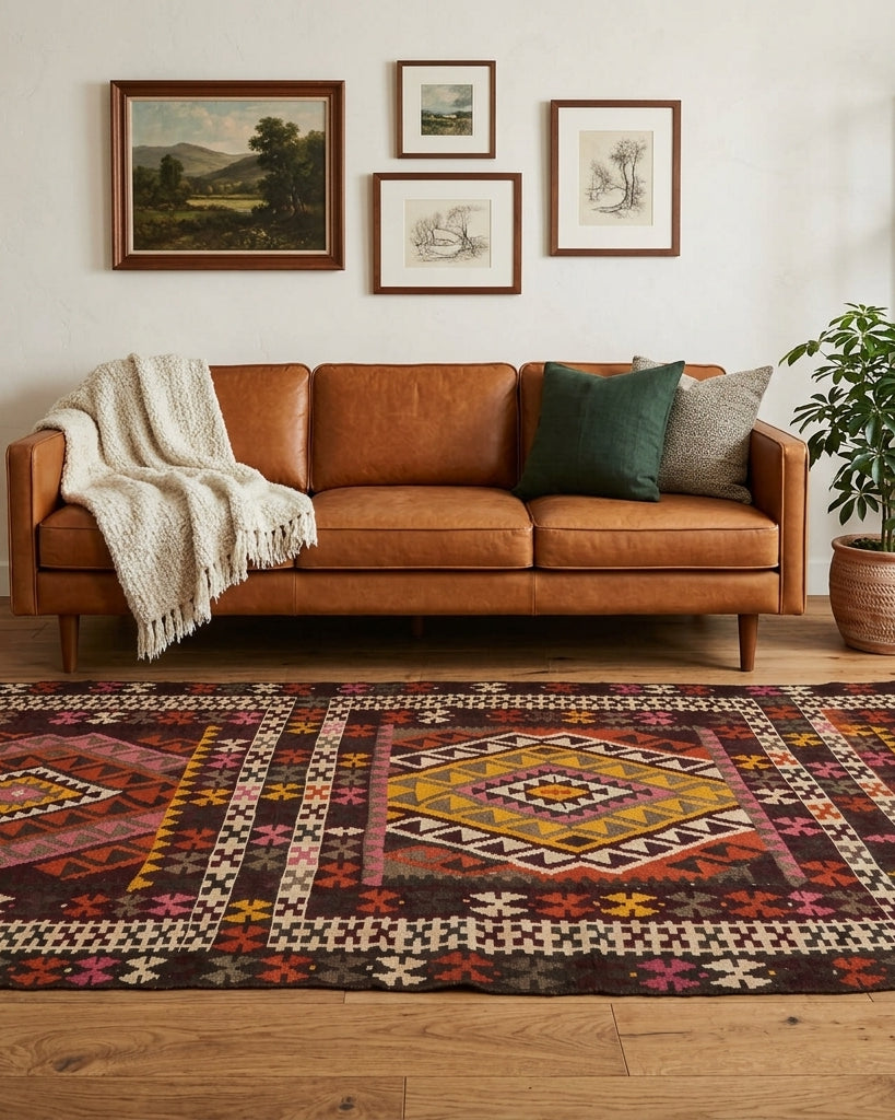 Ikat pattern on the Nemrut vintage kilim runner rug – handwoven flatweave in Anatolia, Turkey