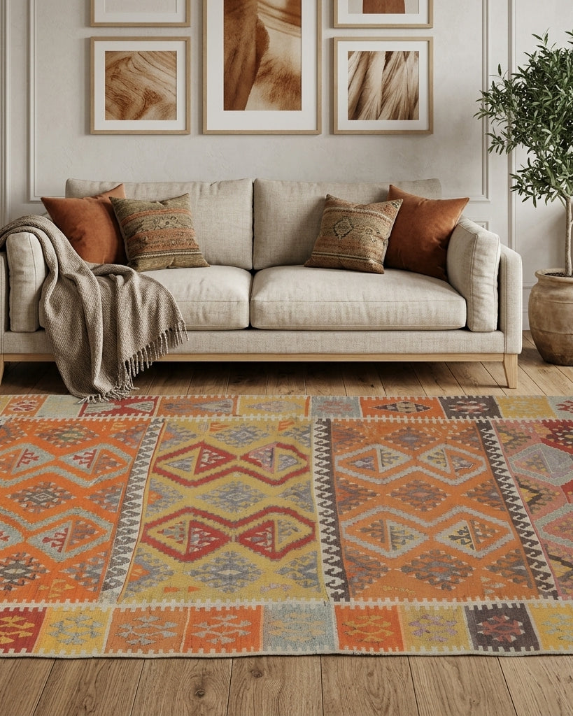 Ikat pattern on the Nedimnaz vintage kilim runner rug – handwoven flatweave in Anatolia, Turkey