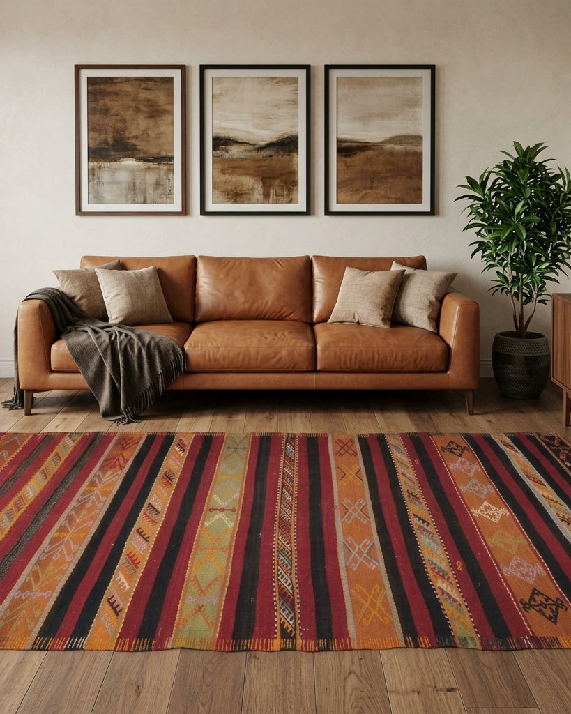 Striped pattern on the Nausomene vintage kilim runner rug – handwoven flatweave in Anatolia, Turkey