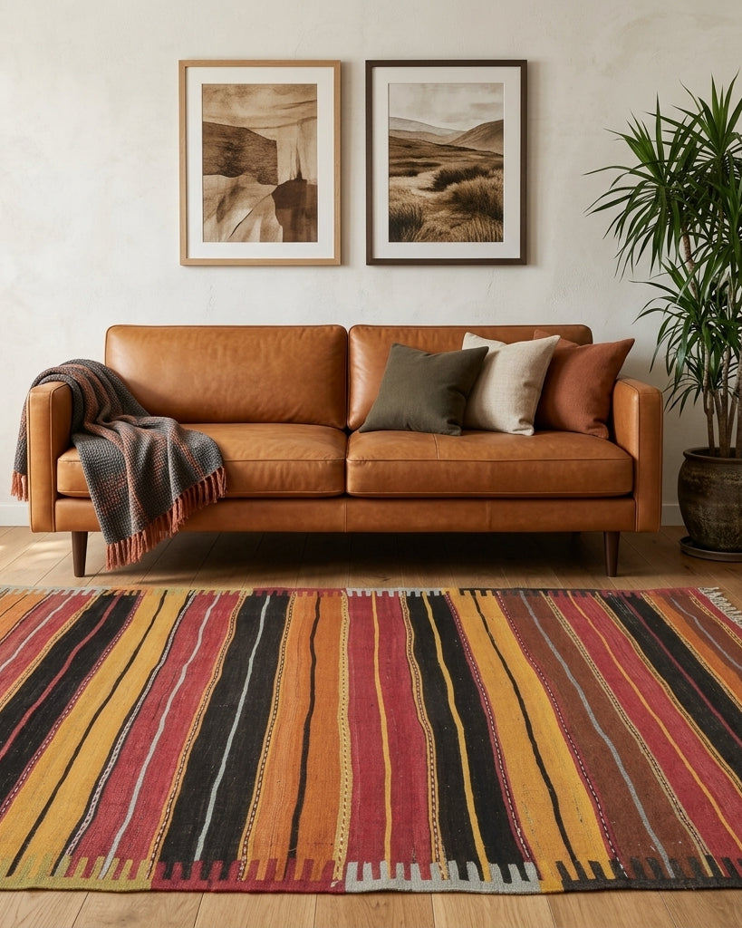 Striped pattern on the Naiaphyllis vintage kilim runner rug – handwoven flatweave in Anatolia, Turkey