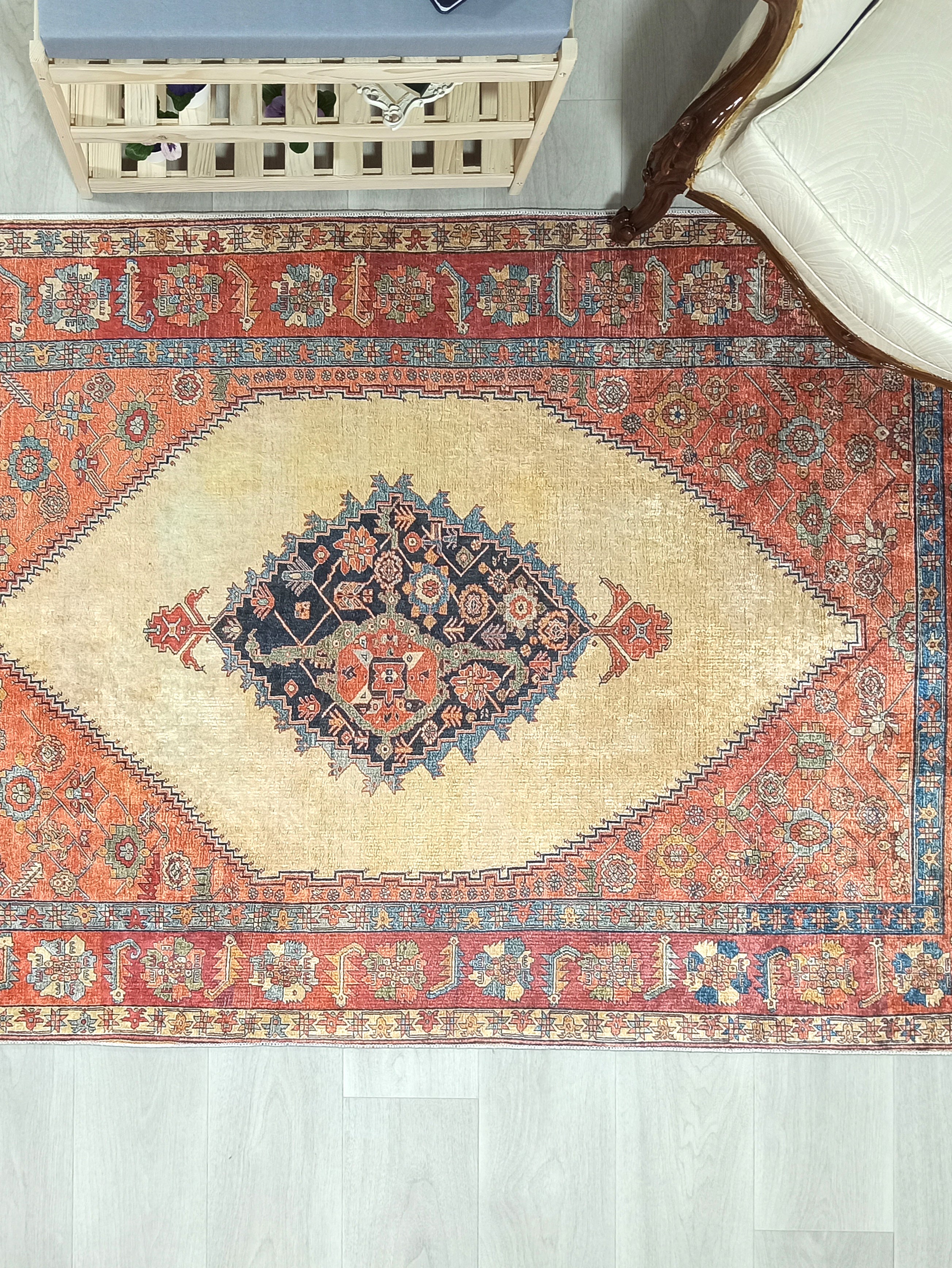 Persian Heriz Orange Beige Vintage Design Rug