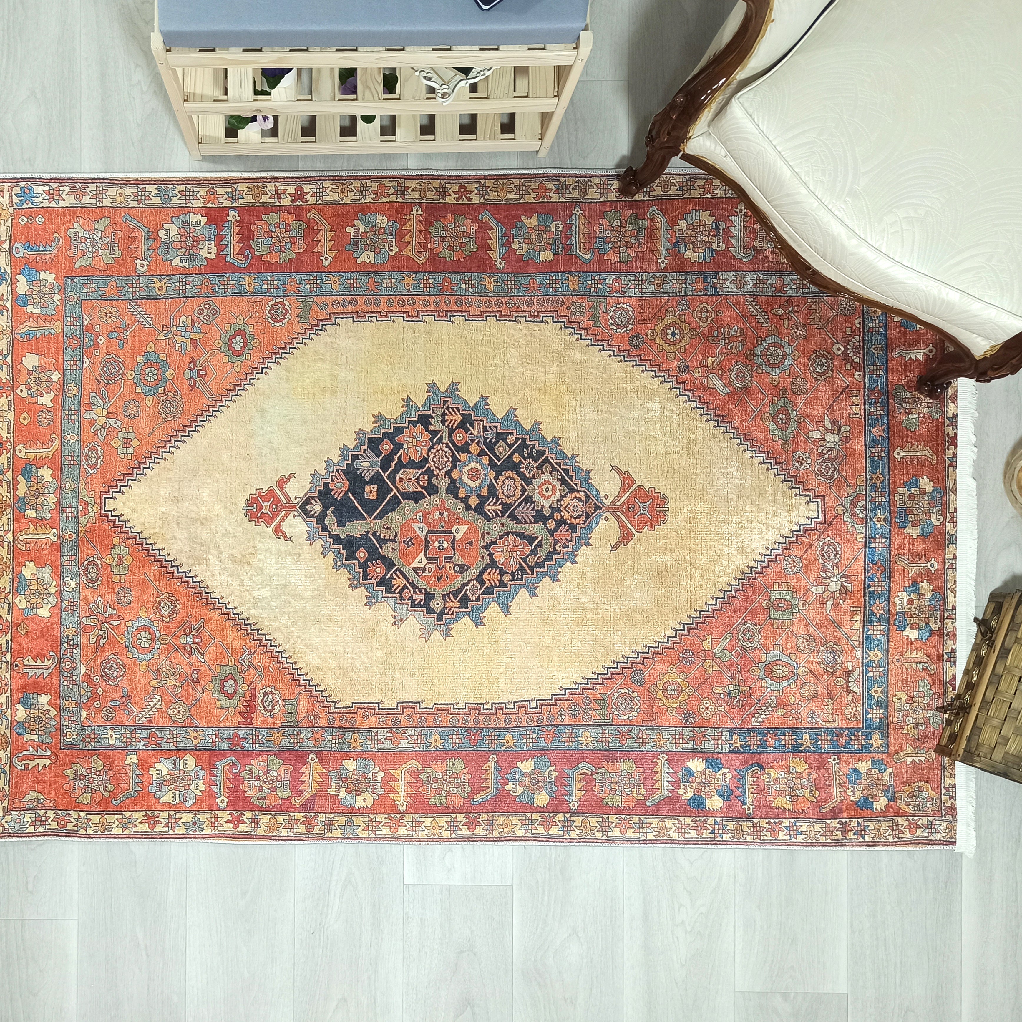 Persian Heriz Orange Beige Vintage Design Rug