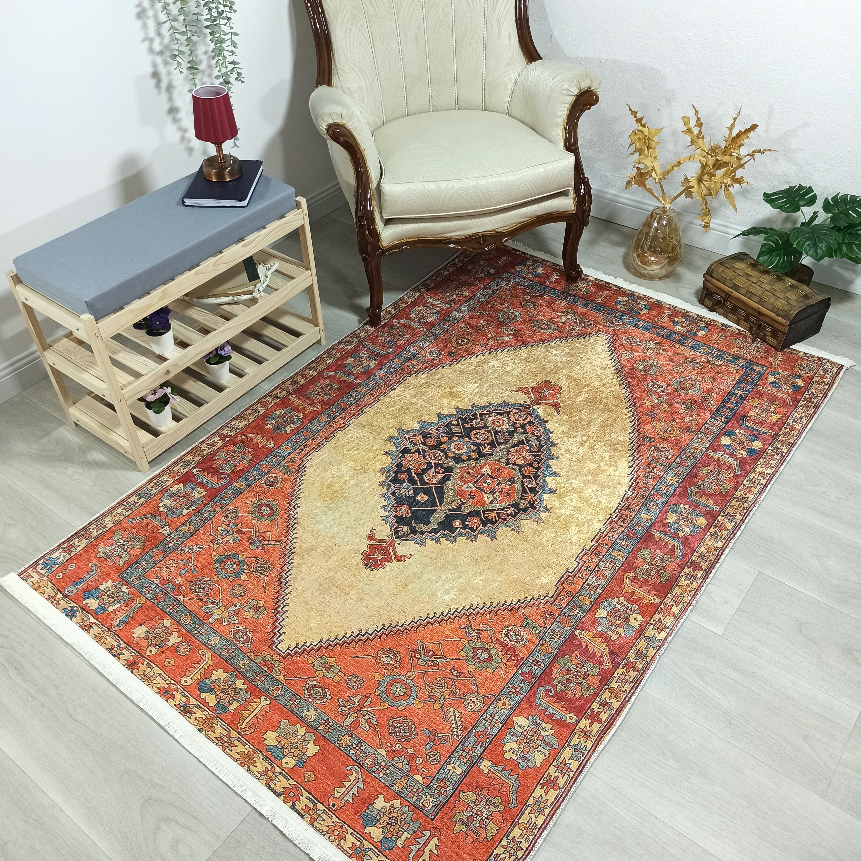 Persian Heriz Orange Beige Vintage Design Rug