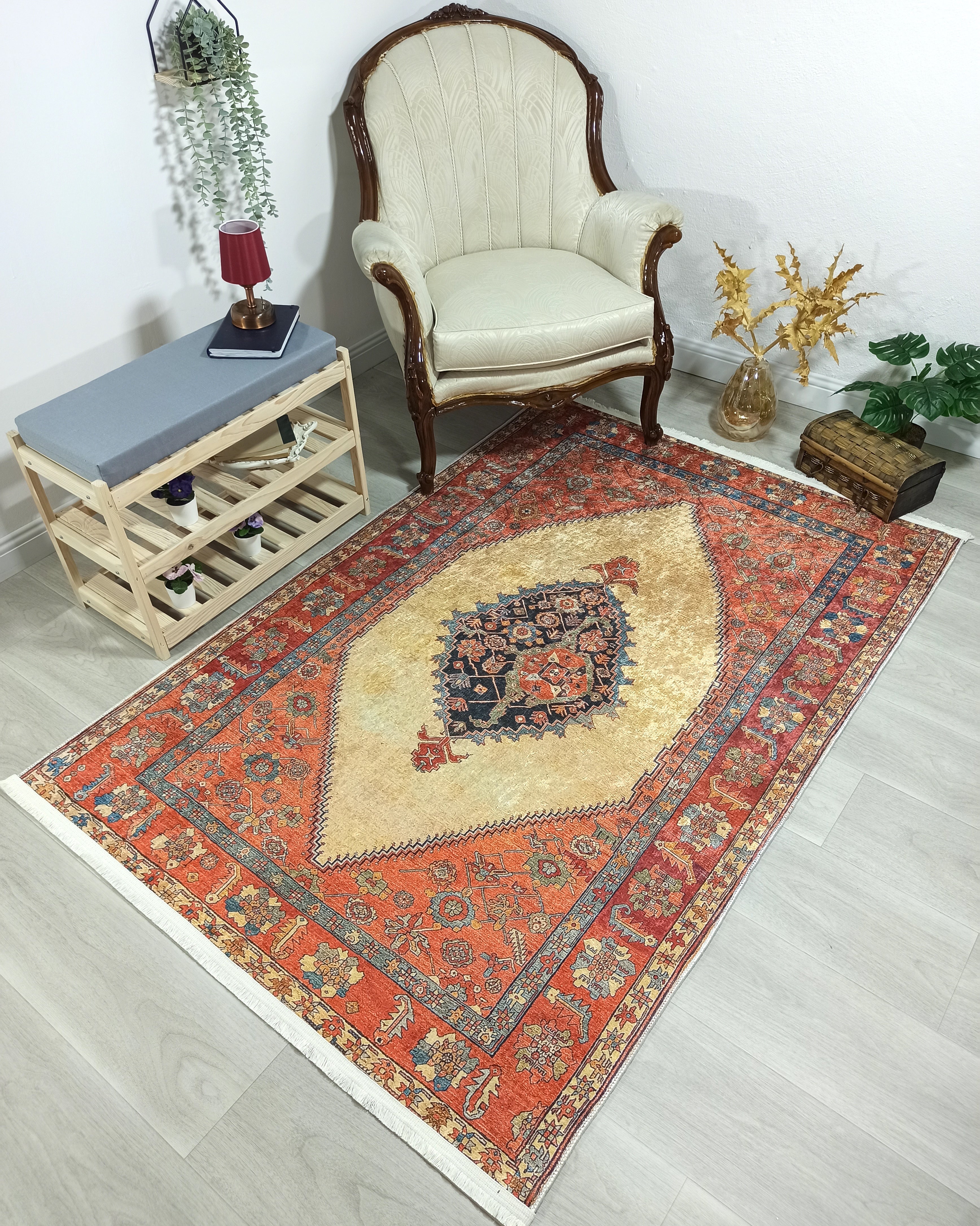 Persian Heriz Orange Beige Vintage Design Rug