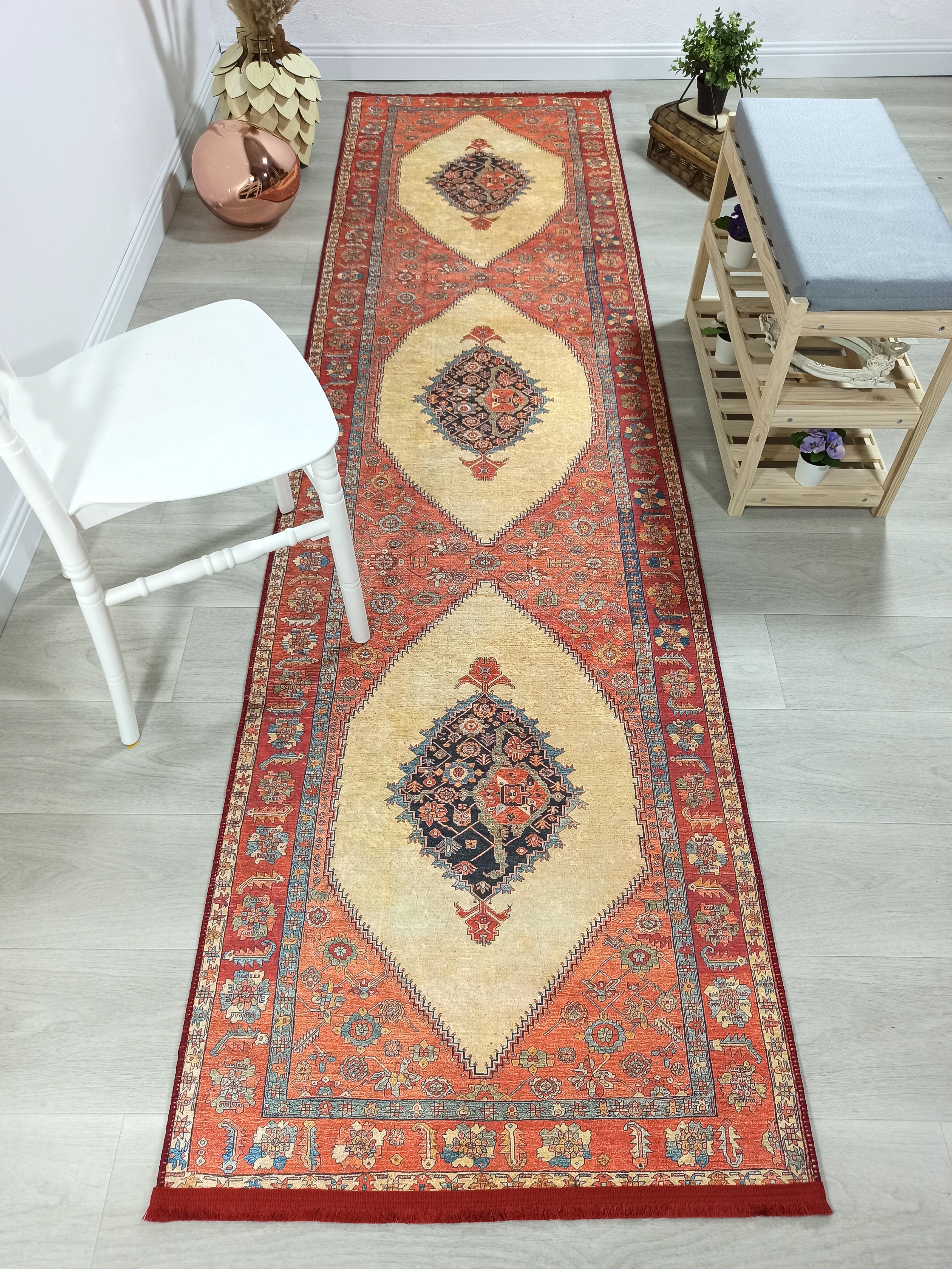 Persian Heriz Orange Beige Vintage Design Rug