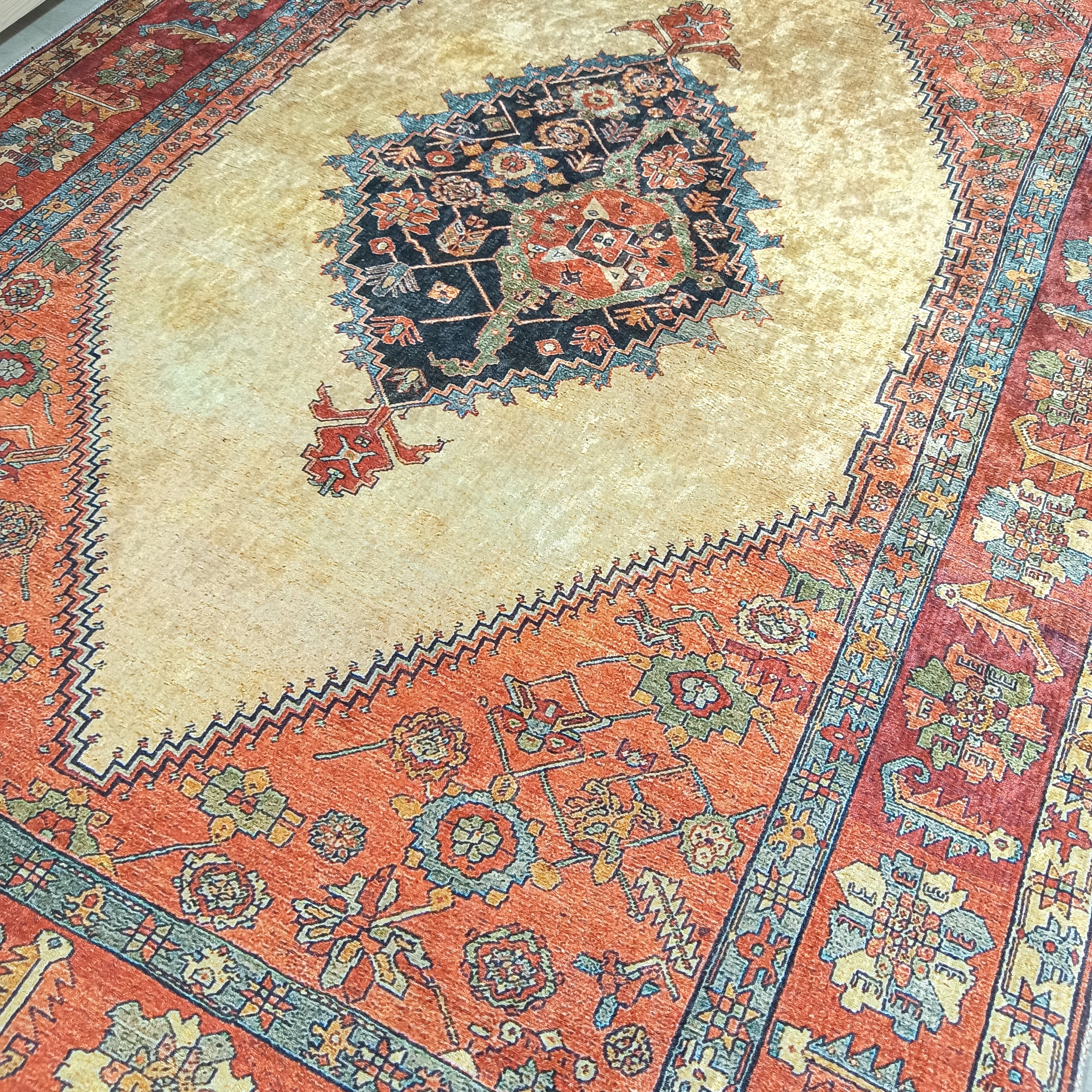 Persian Heriz Orange Beige Vintage Design Rug