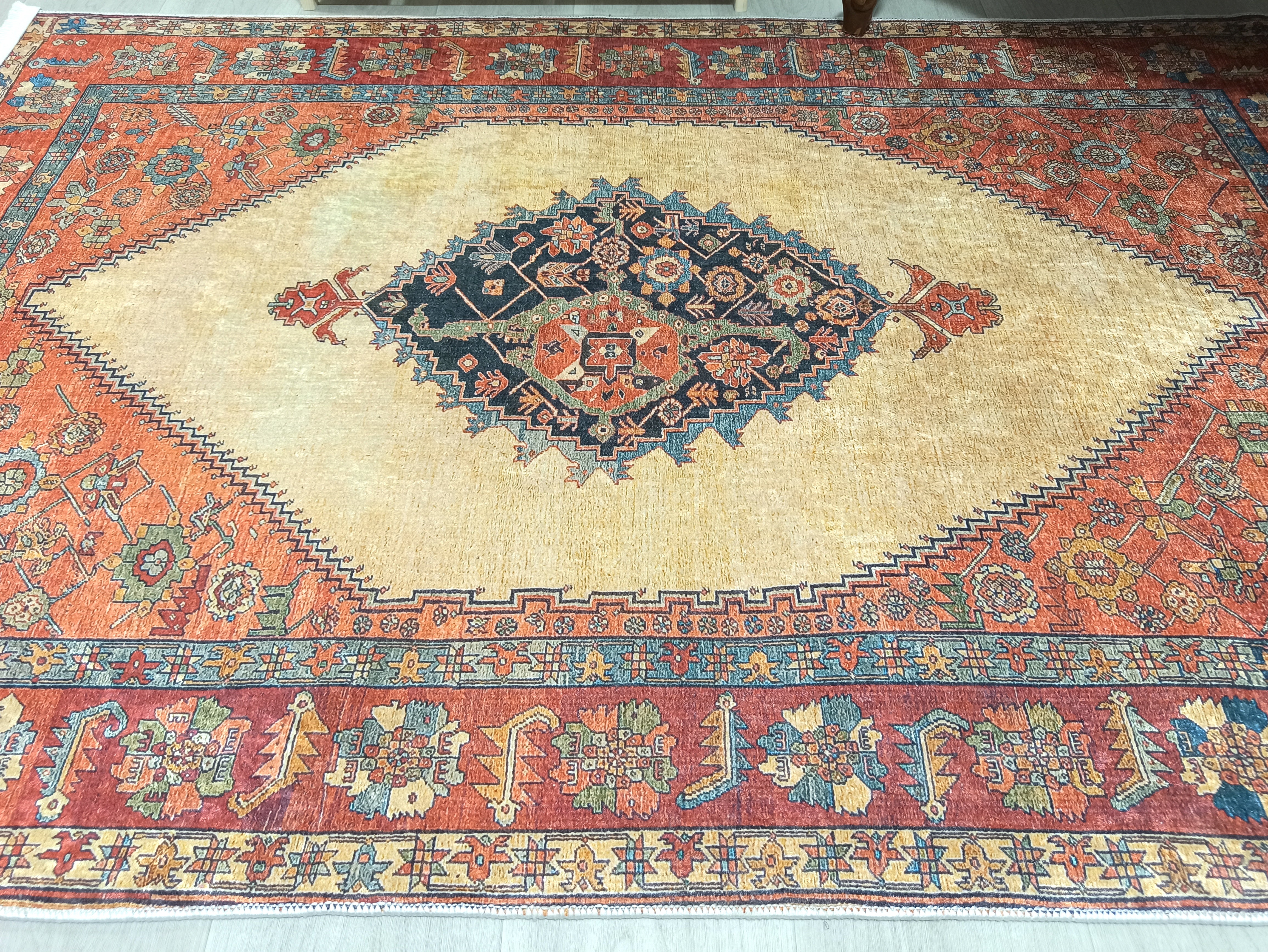 Persian Heriz Orange Beige Vintage Design Rug