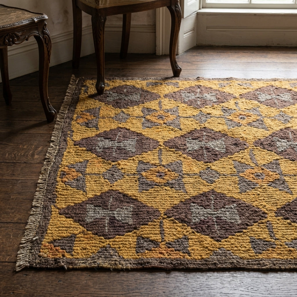 Ikat pattern on the Sulelale Gunhan vintage kilim rug – handwoven flatweave in Sivas, Turkey