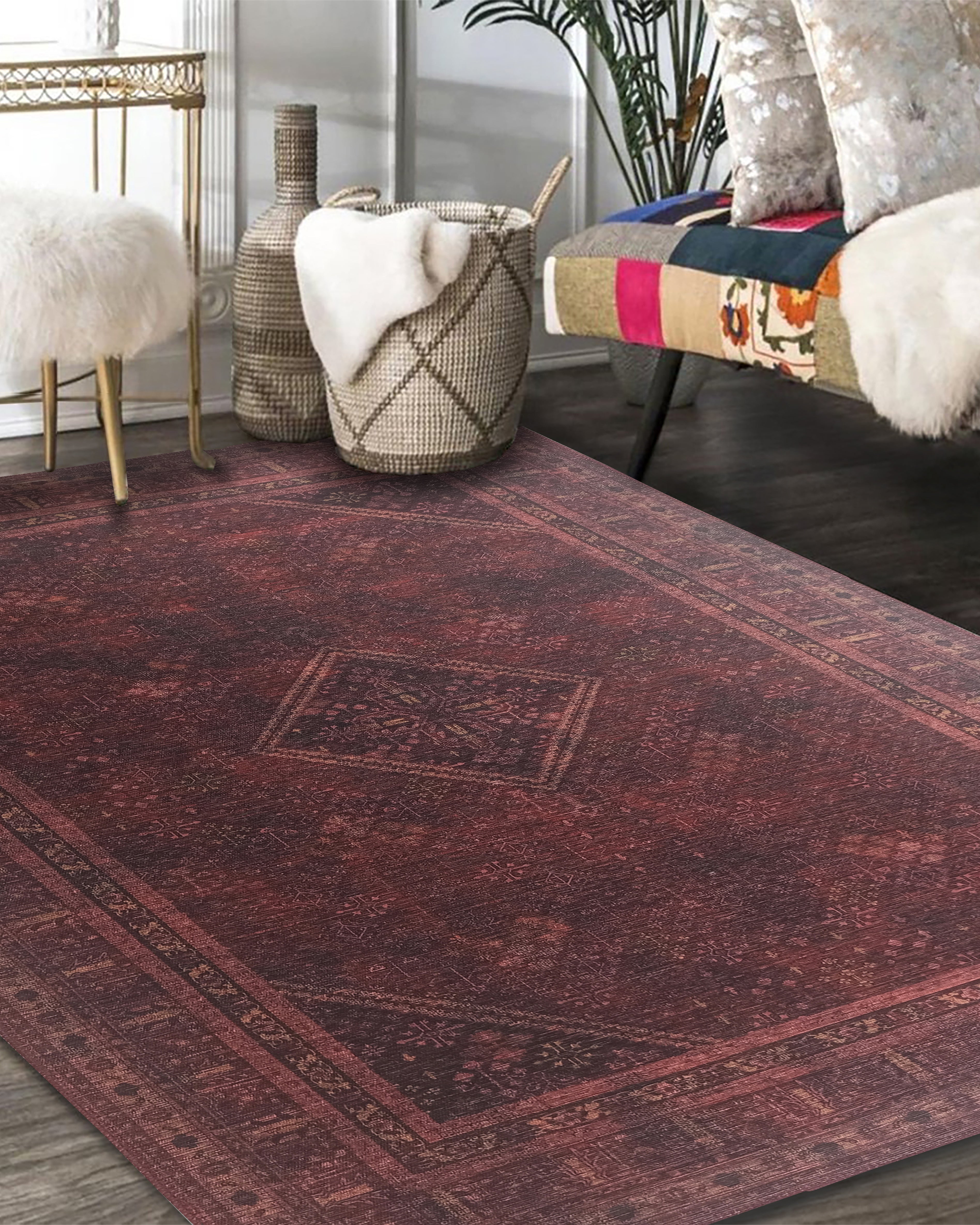 Shaza Turkish Vintage Geometric Burgundy & Red Rug