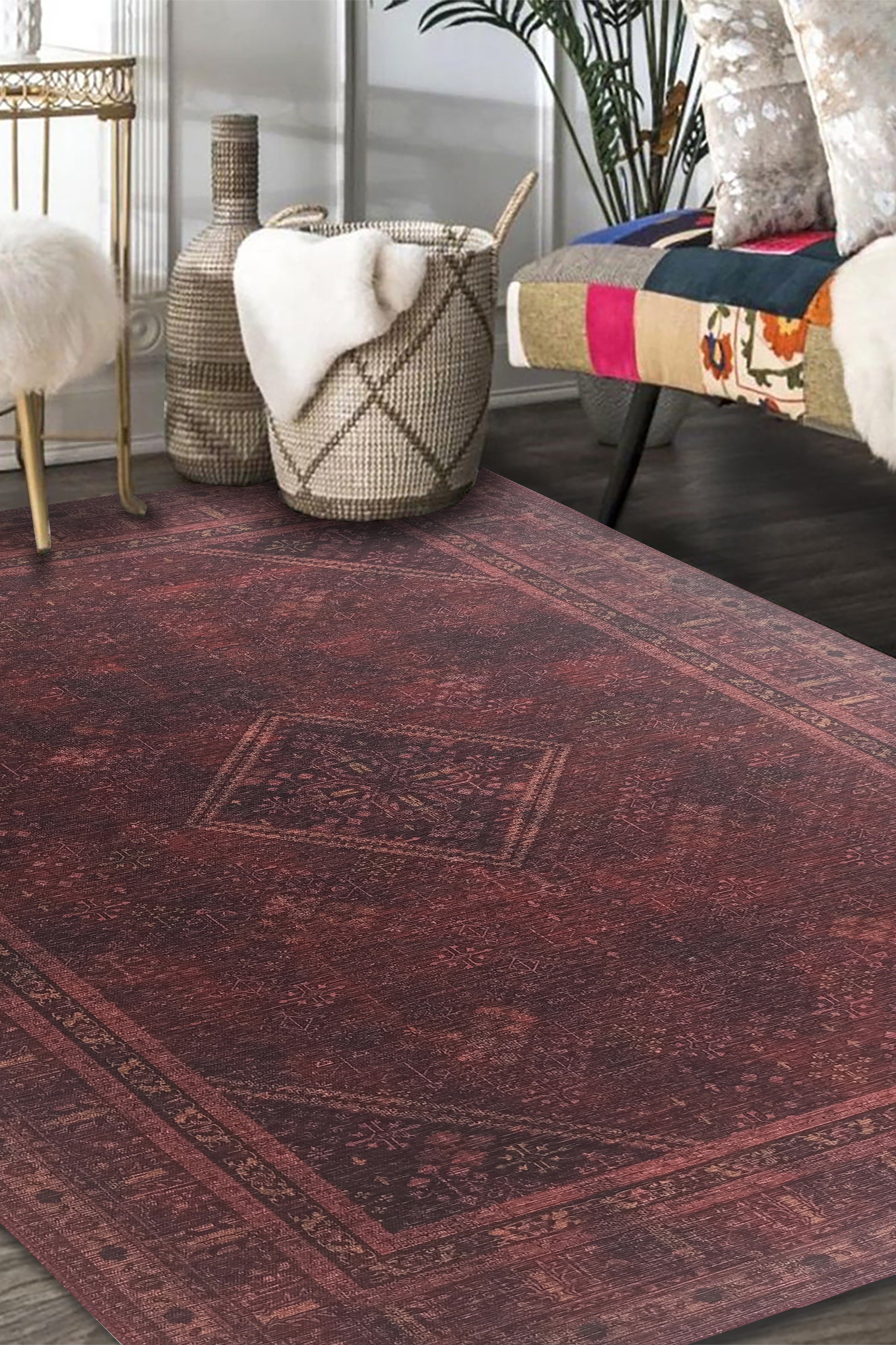 Shaza Turkish Vintage Geometric Burgundy & Red Rug