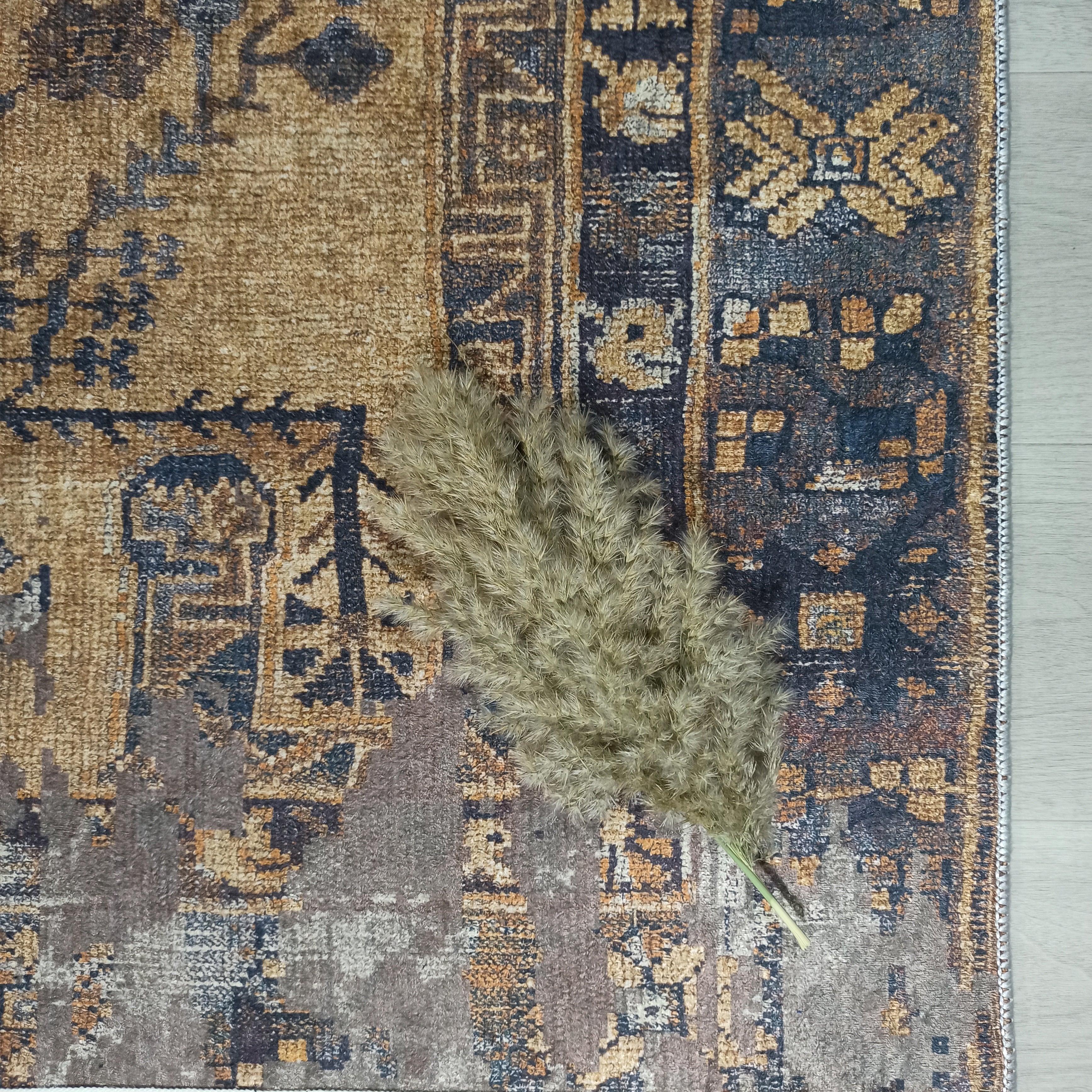 Persian Style Brown Yellow Vintage Design Farmhouse Rug