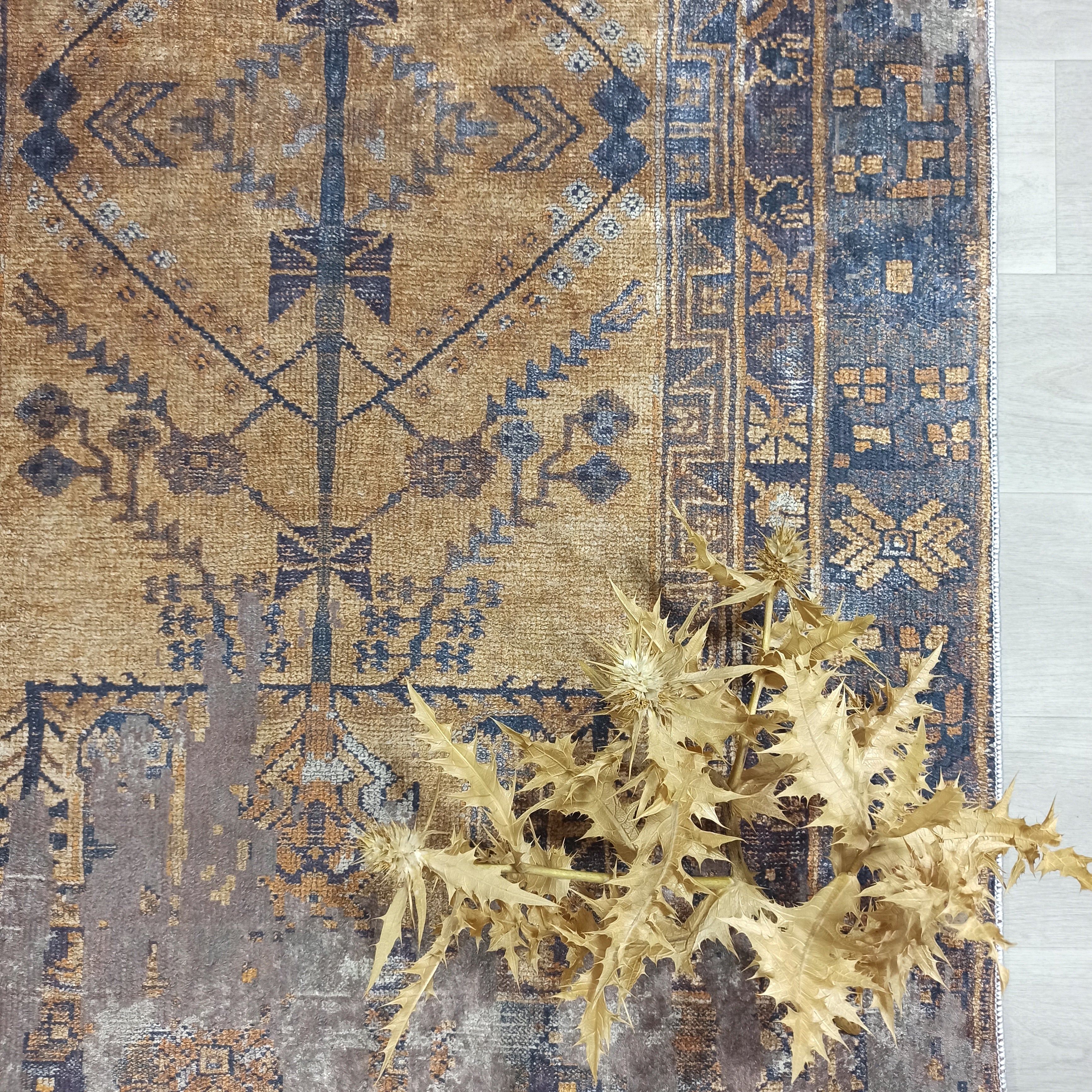 Persian Style Brown Yellow Vintage Design Farmhouse Rug