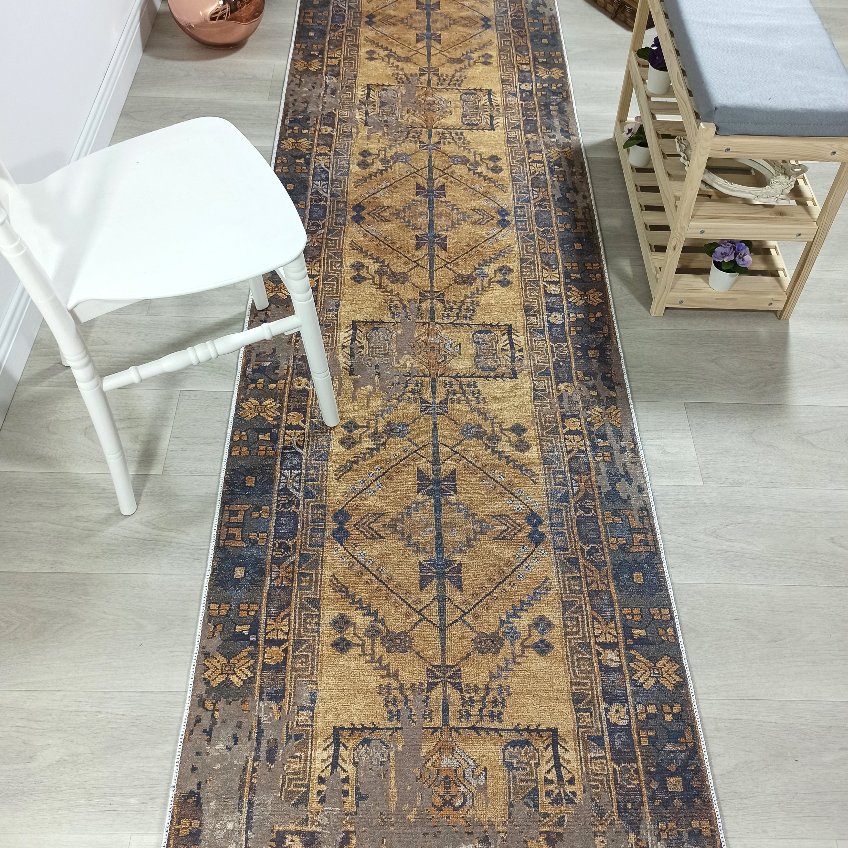 Persian Style Brown Yellow Vintage Design Farmhouse Rug