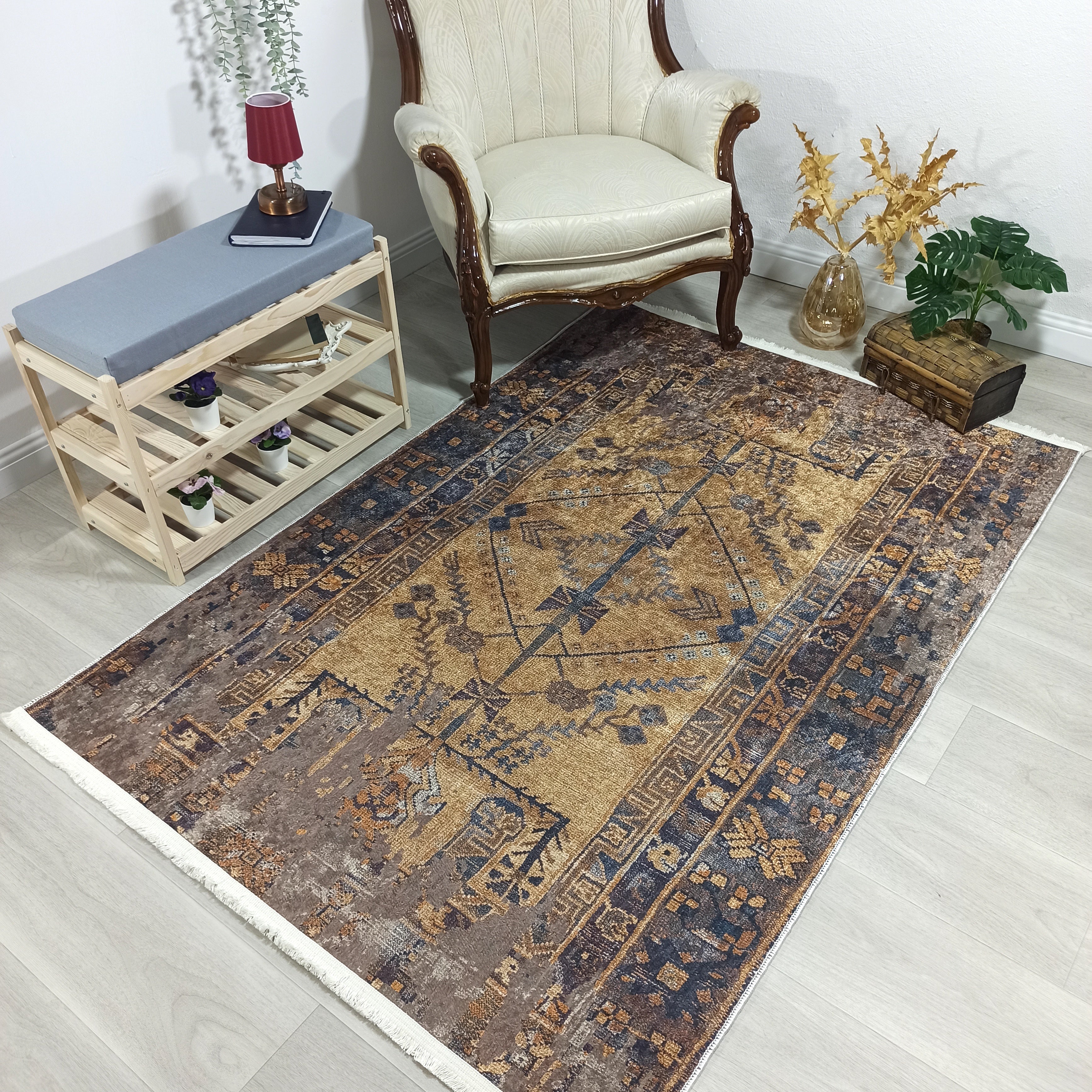 Persian Style Brown Yellow Vintage Design Farmhouse Rug