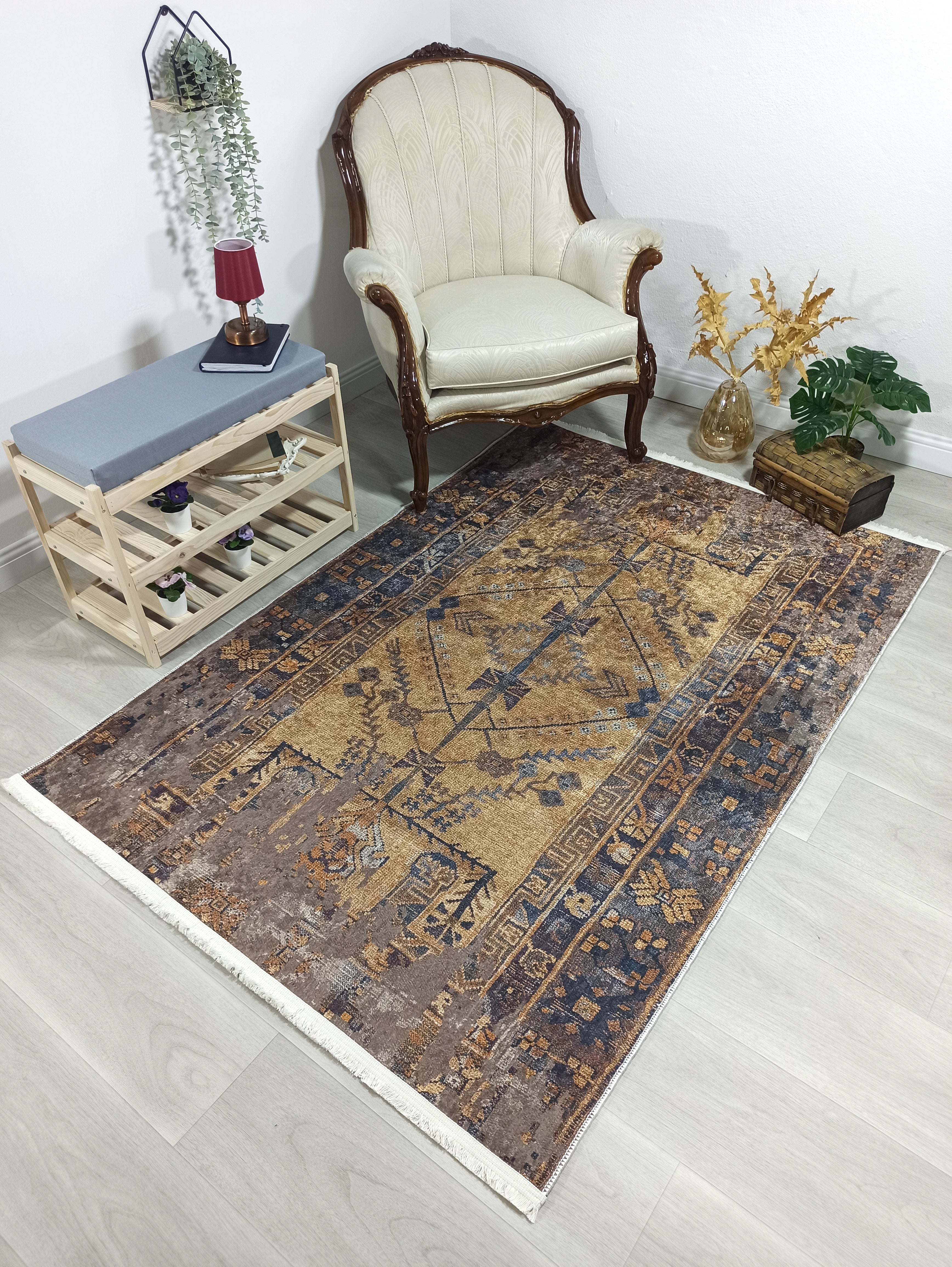 Persian Style Brown Yellow Vintage Design Farmhouse Rug