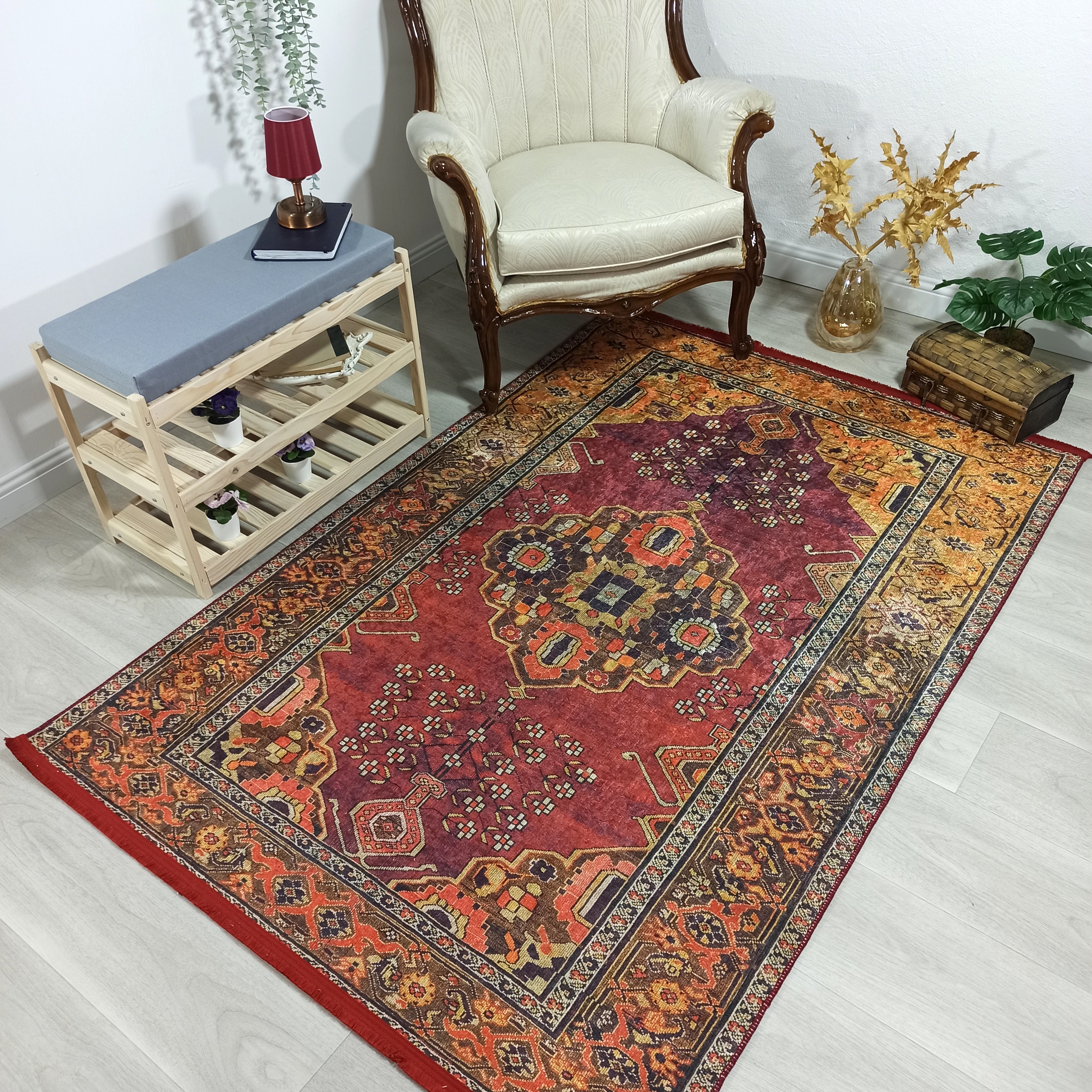 Turkish Oushak Dark Red Beige Rug