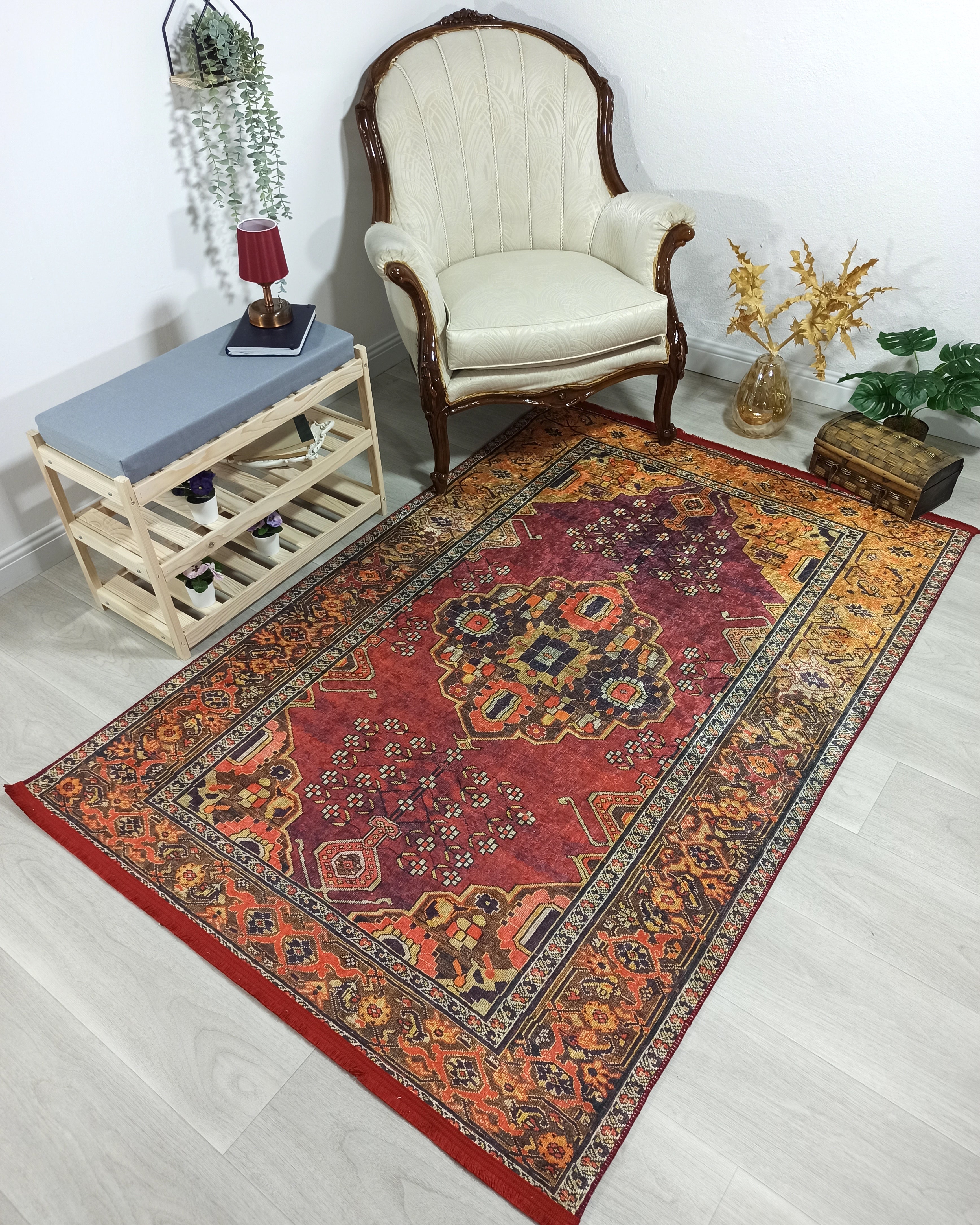 Turkish Oushak Dark Red Beige Rug