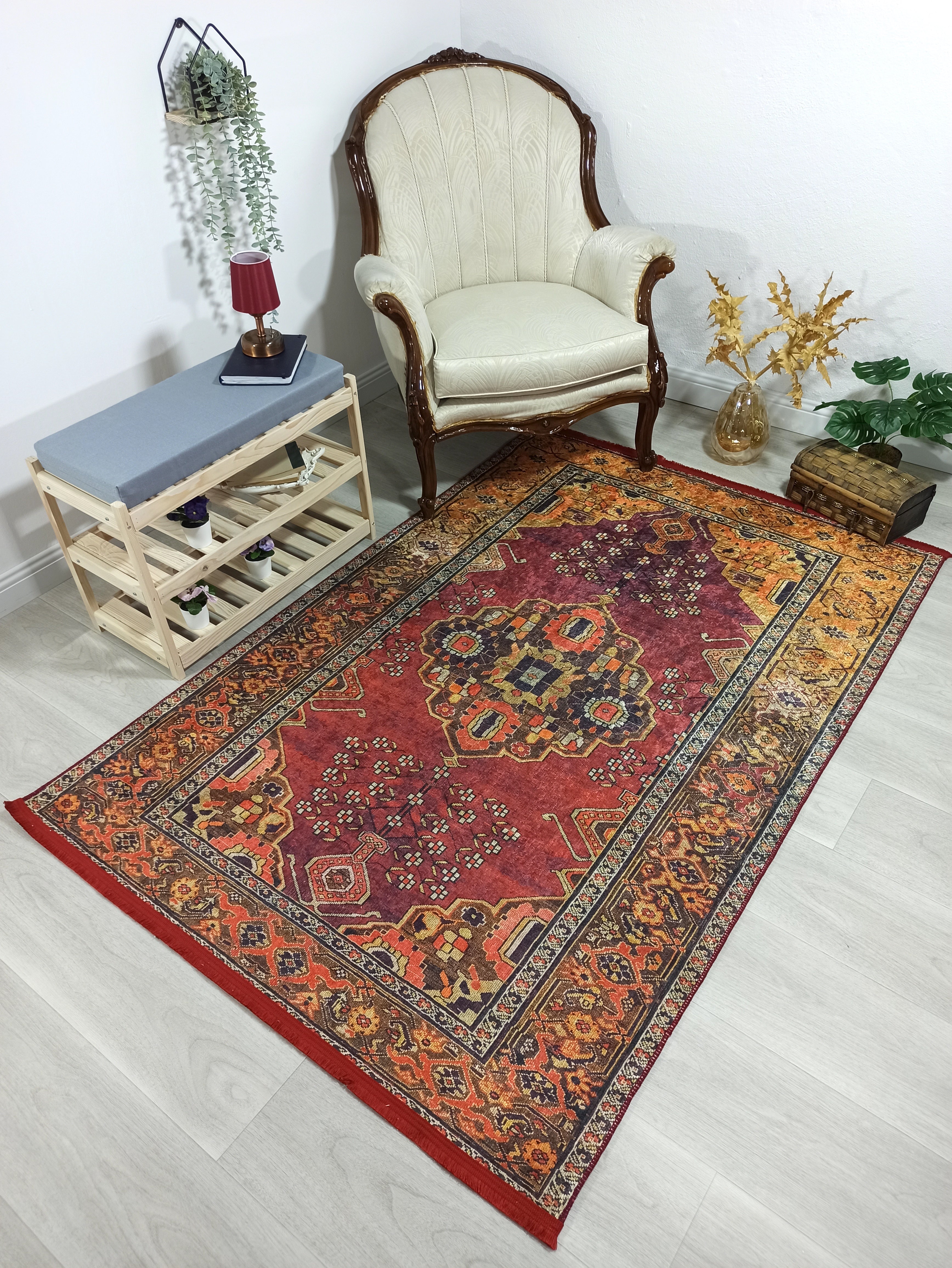 Turkish Oushak Dark Red Beige Rug