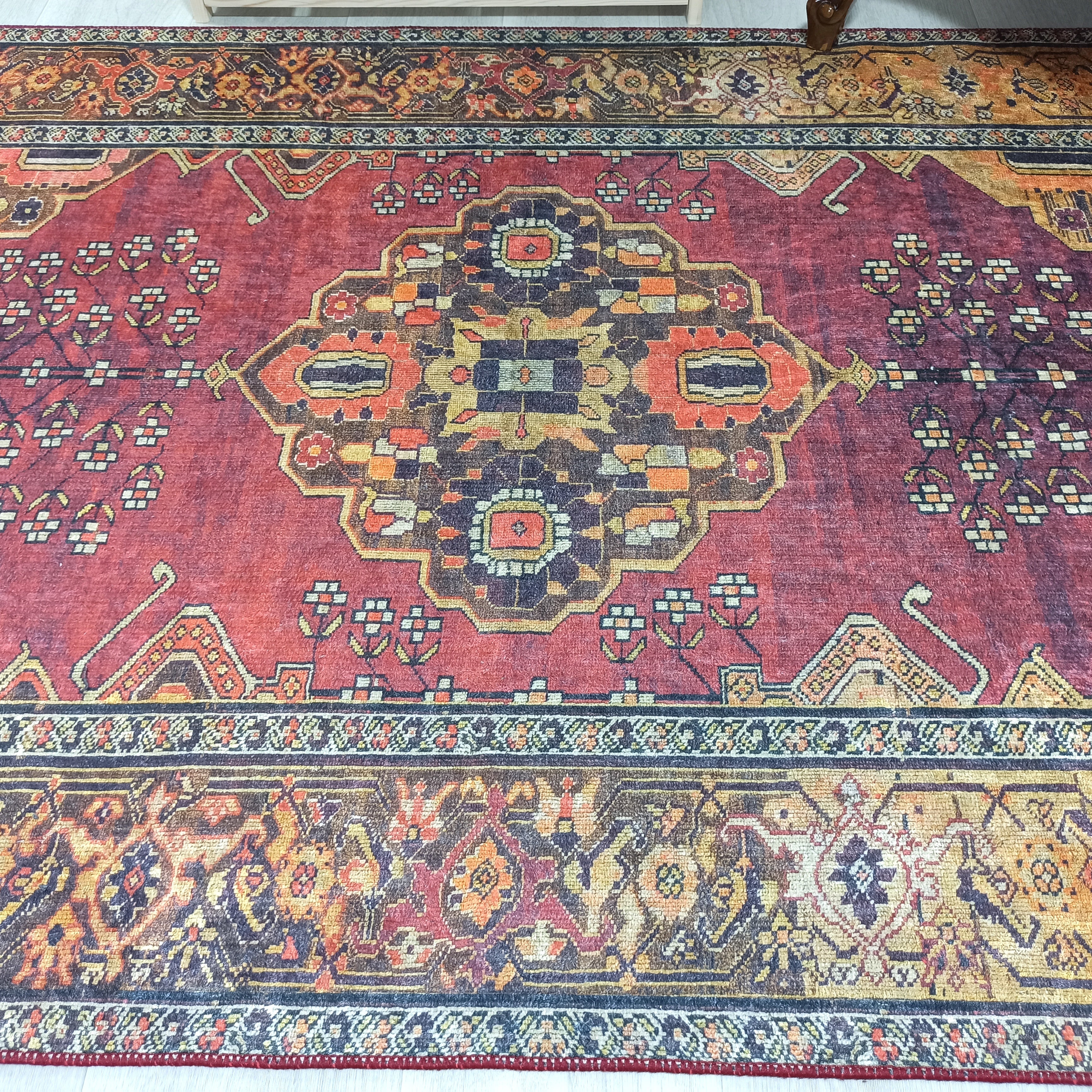 Turkish Oushak Dark Red Beige Rug