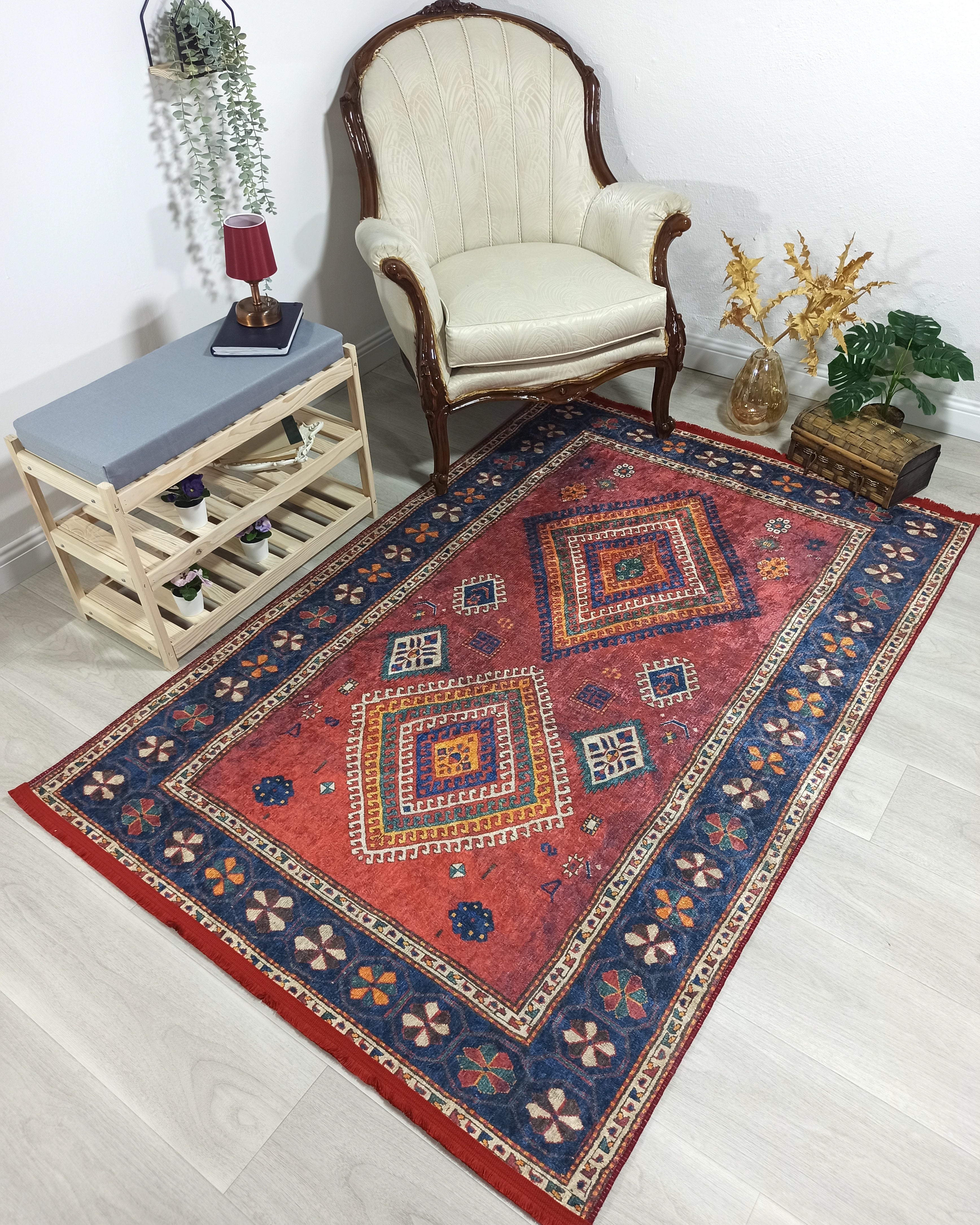 Persian Style Rug, Natural Ivory Colorful Geometry Rug