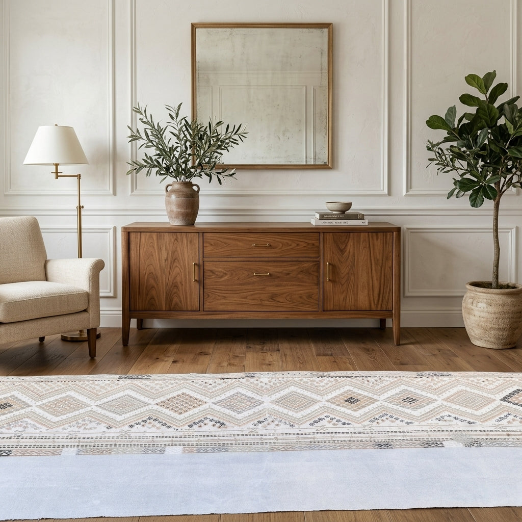 Ikat pattern on the Suleter vintage kilim runner rug – handwoven flatweave in Anatolia, Turkey