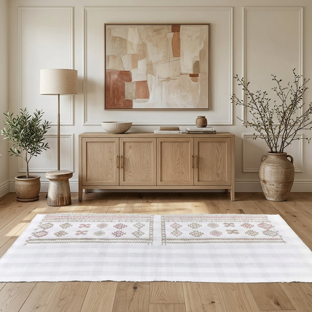 Ikat pattern on the Simavnaz vintage kilim runner rug – handwoven flatweave in Anatolia, Turkey