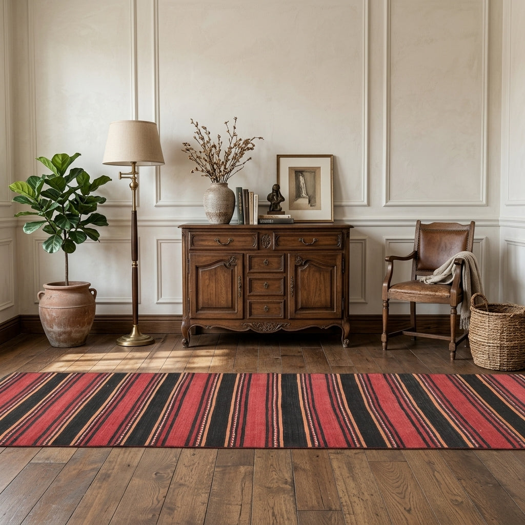 Striped pattern on the Servisik vintage kilim runner rug – handwoven flatweave in Anatolia, Turkey