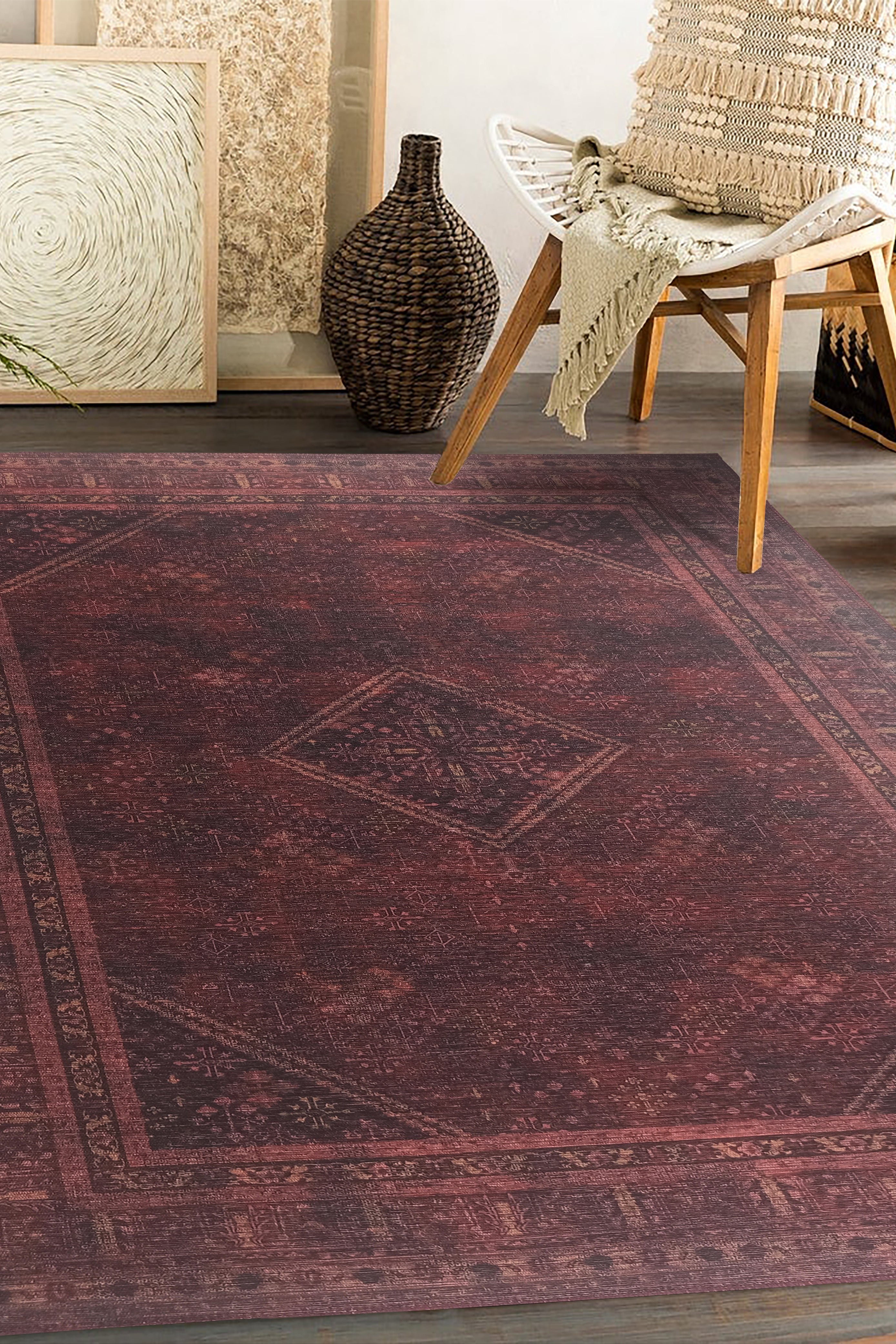 Shaza Turkish Vintage Geometric Burgundy & Red Rug