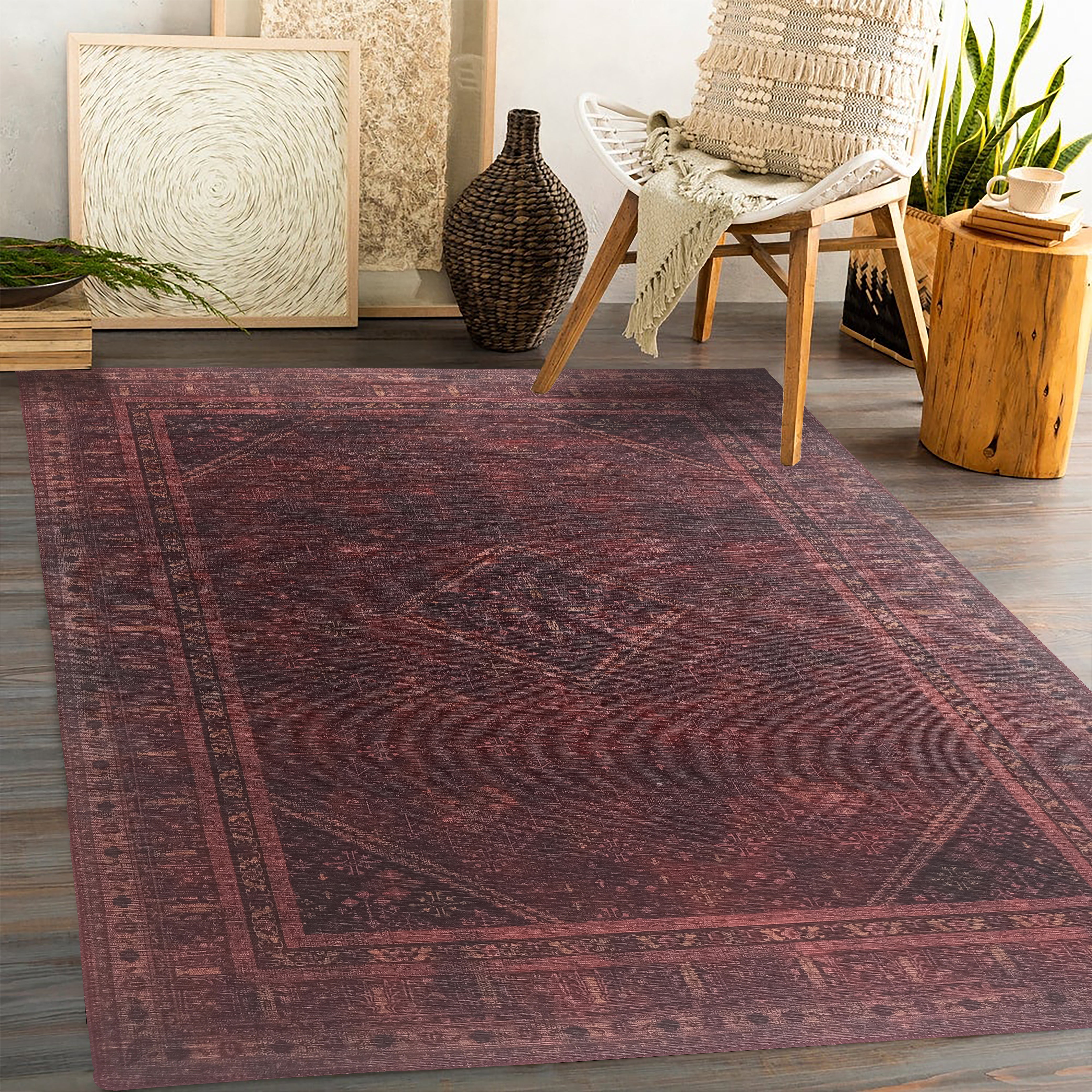 Shaza Turkish Vintage Geometric Burgundy & Red Rug