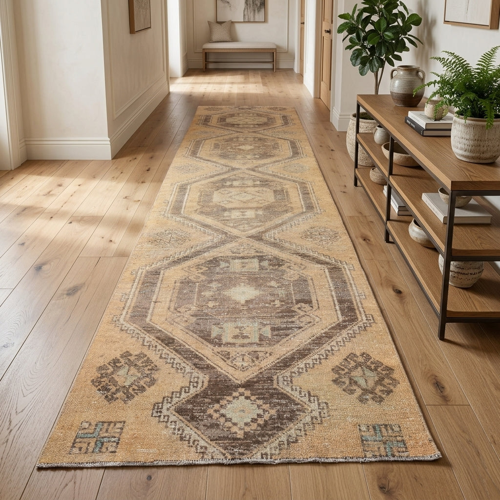 Geometric pattern on the Amaranthmeda vintage runner rug – handmade in Anatolia, Turkey