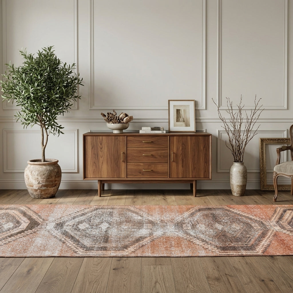 Geometric pattern on the Asusev vintage runner rug – handmade in Anatolia, Turkey