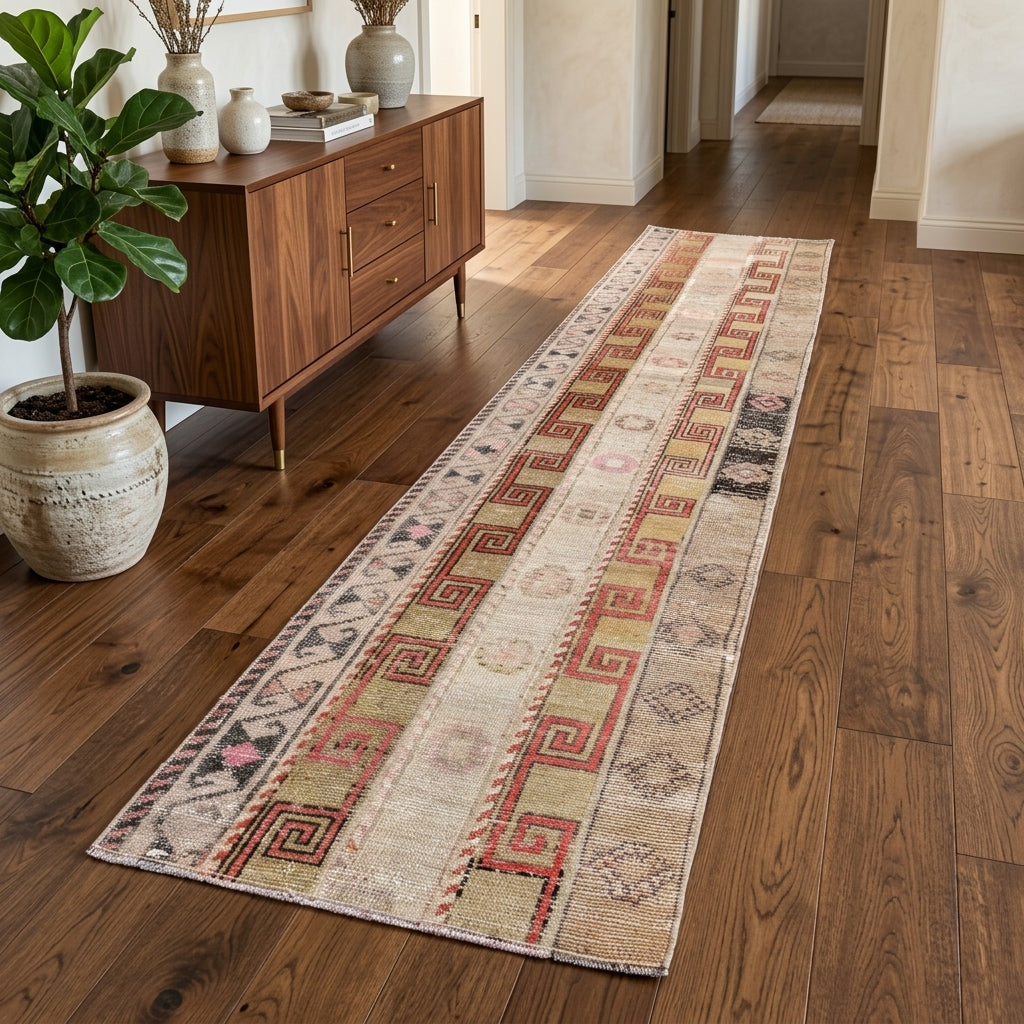 Ikat pattern on the Pandora vintage patchwork runner rug – handmade in Anatolia, Turkey
