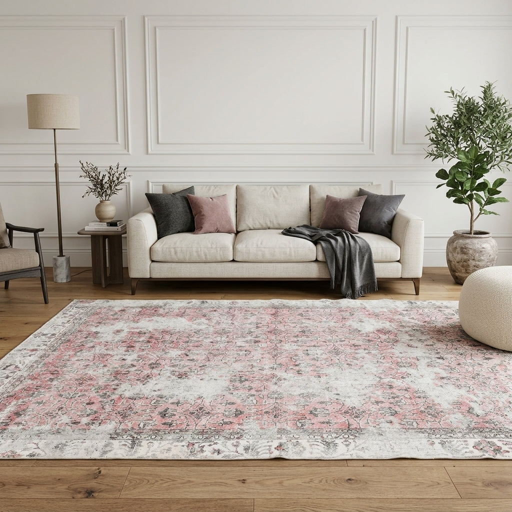 Floral pattern on the Yildizbike distressed vintage area rug – handmade in Hereke, Turkey