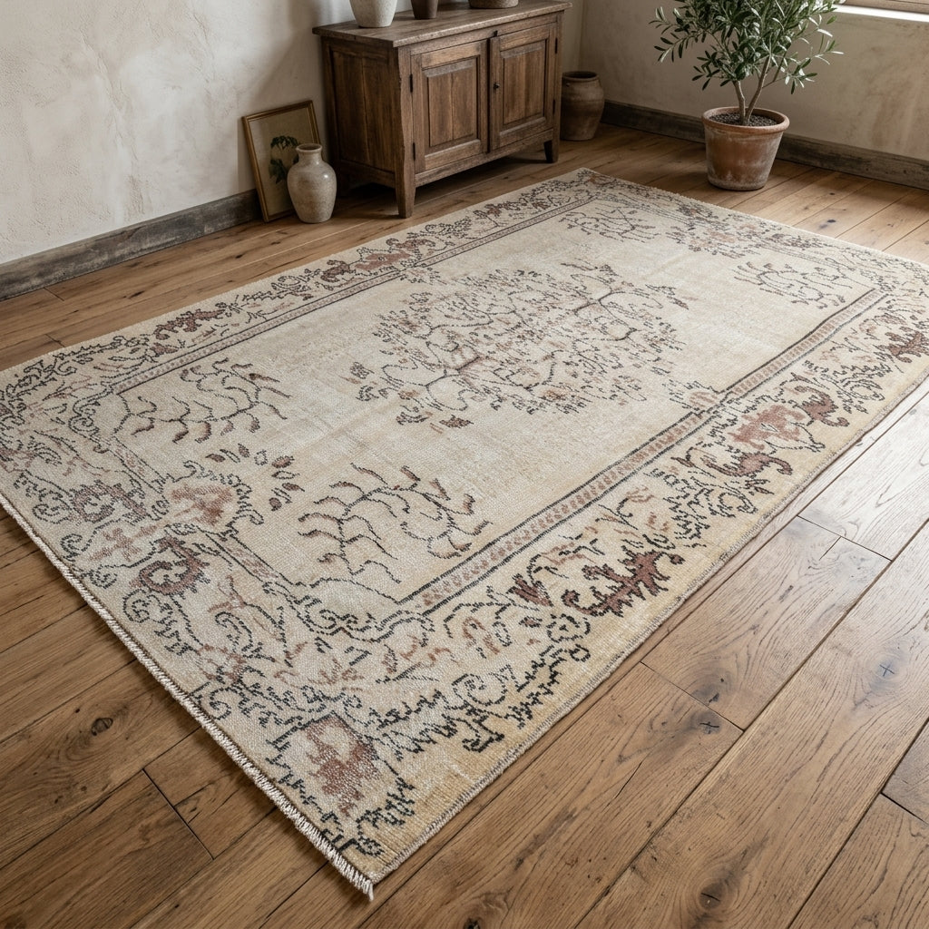 Oriental pattern on the Bariyat antique washed vintage area rug – handmade in Anatolia, Turkey