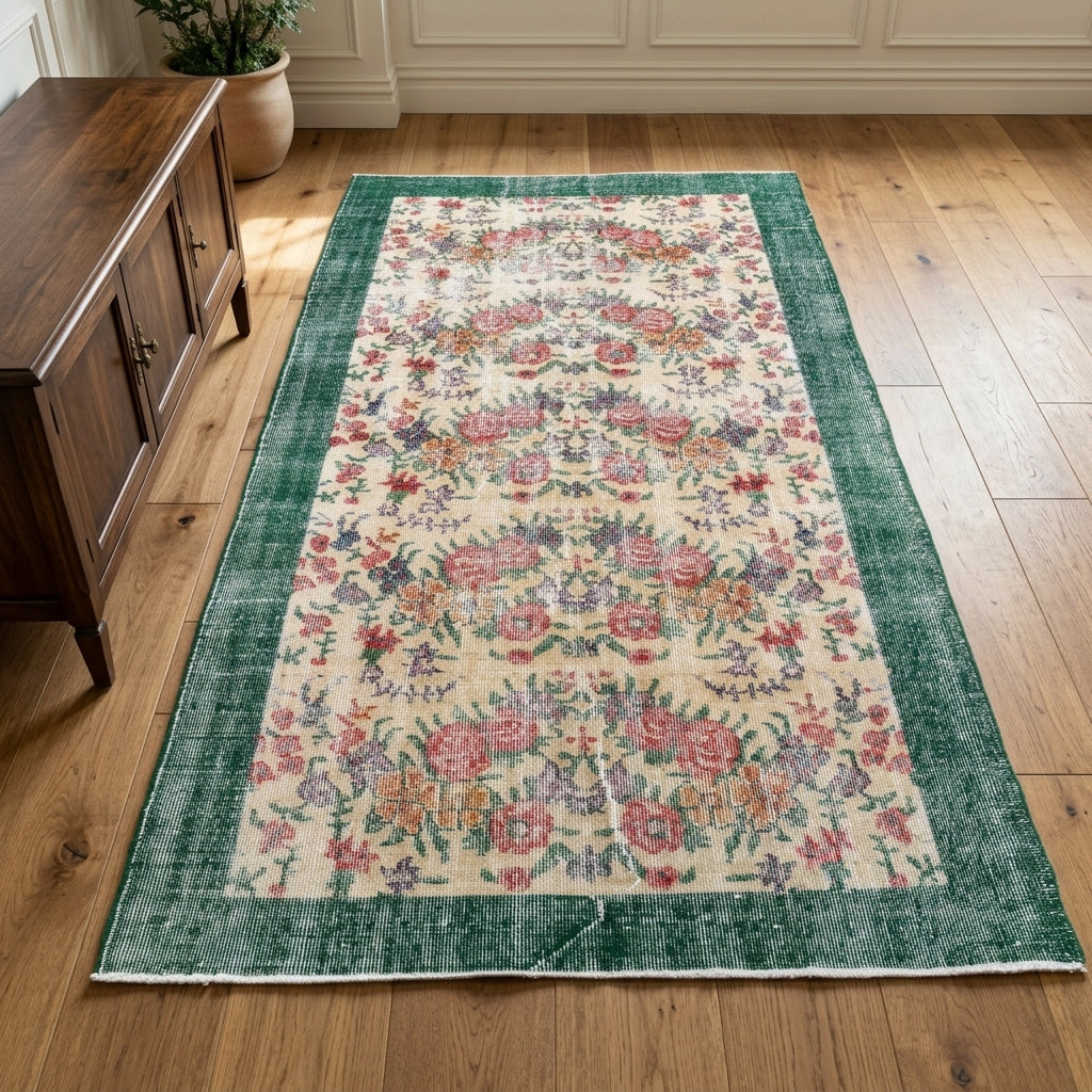 Floral pattern on the Argyrozoe vintage area rug – handmade in Anatolia, Turkey