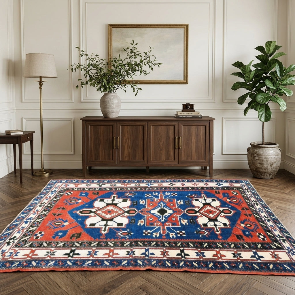 Geometric pattern on the Glykotima vintage area rug – handmade in Milas, Turkey