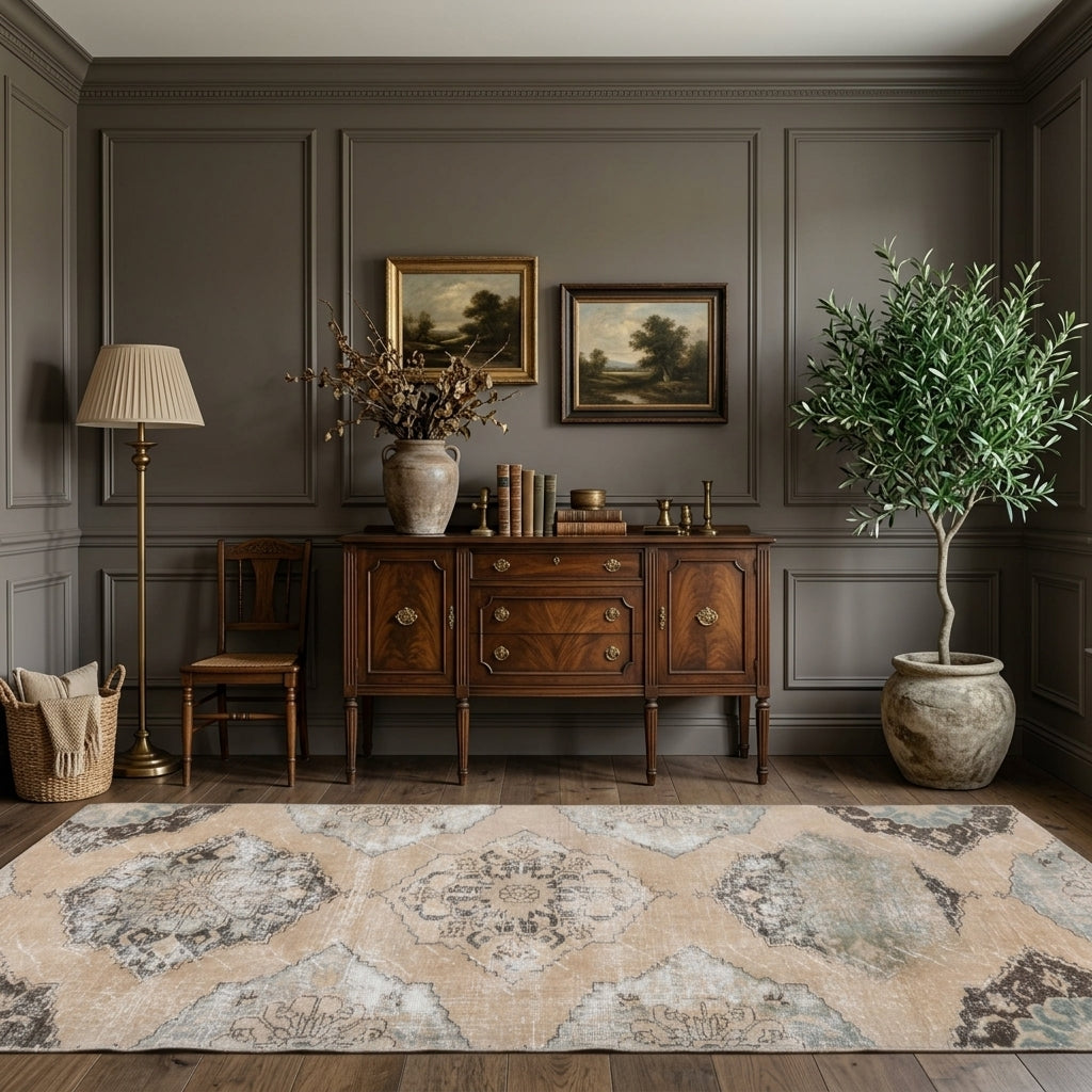 Floral pattern on the Cerenlale distressed vintage runner rug – handmade in Anatolia, Turkey