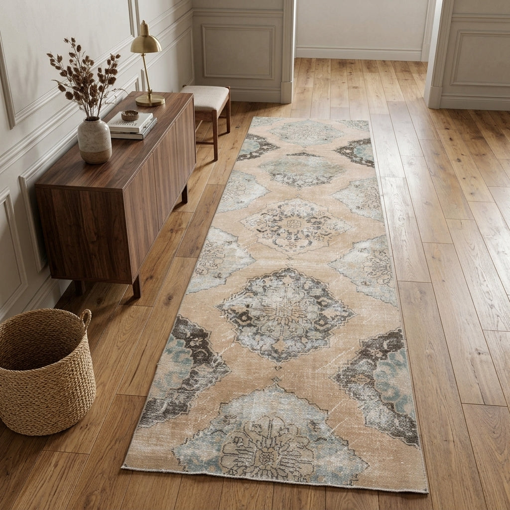 Floral pattern on the Cerenlale distressed vintage runner rug – handmade in Anatolia, Turkey