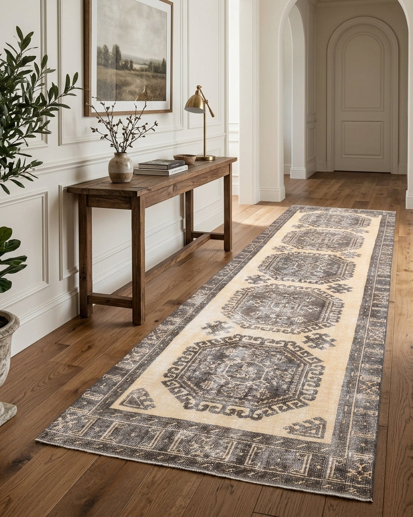 Oriental pattern on the Porphyrope 1970's vintage runner rug – handmade in Anatolia, Turkey