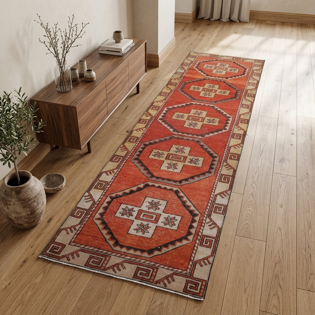 Tribal pattern on the Sozdar vintage runner rug – handmade in Anatolia, Turkey